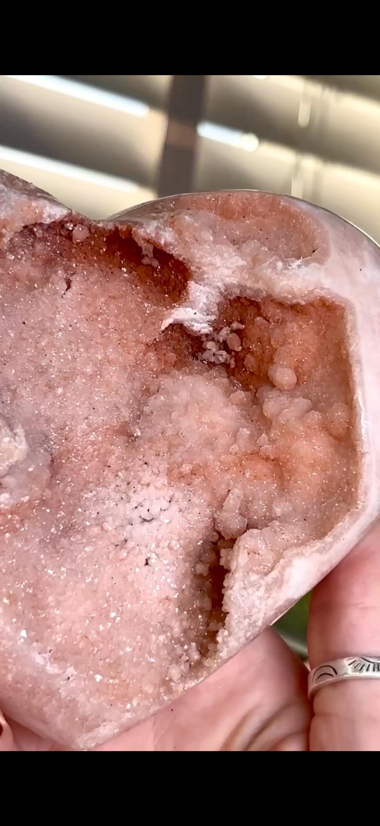 High grade, gorgeous, peach toned , sugar druzy Pink amethyst heart, comes with custom stand 817g