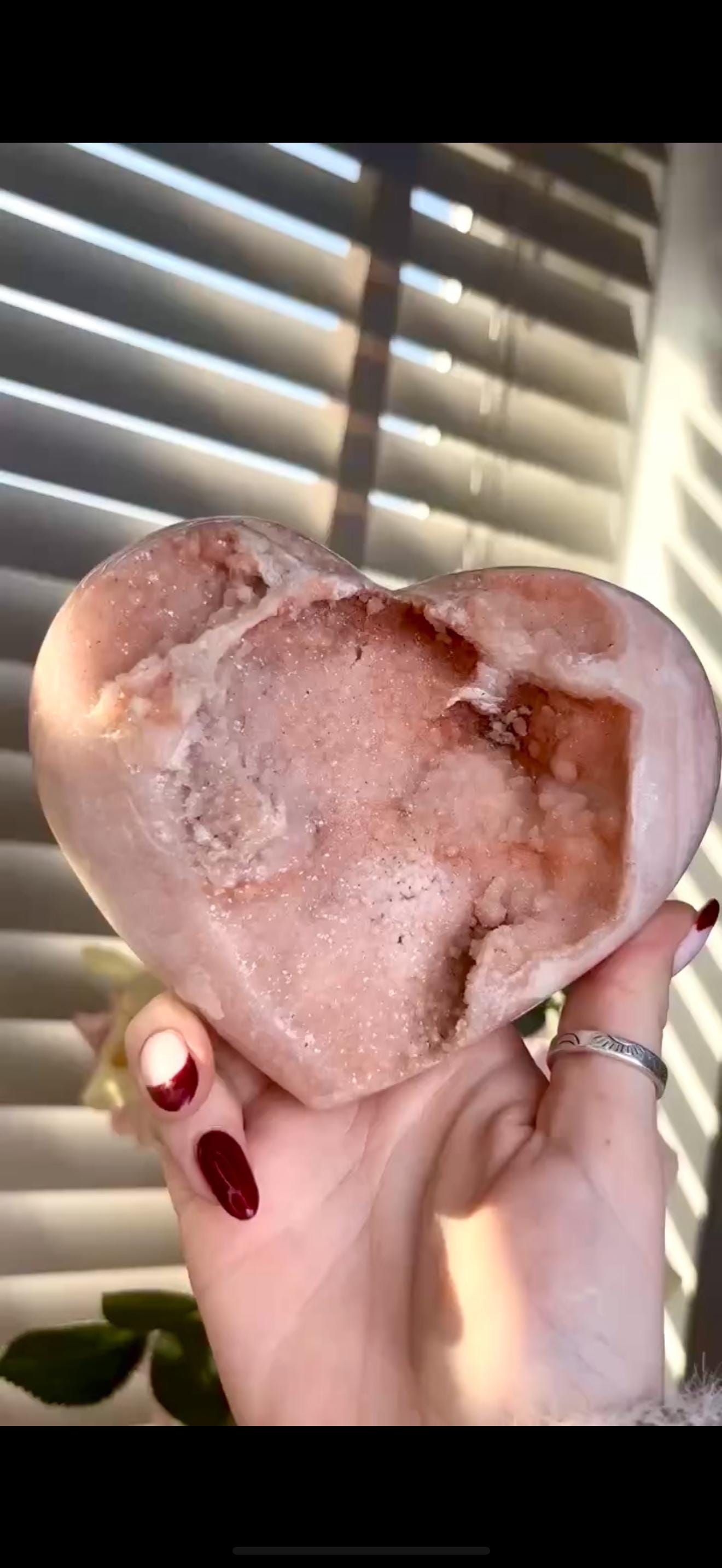 High grade, gorgeous, peach toned , sugar druzy Pink amethyst heart, comes with custom stand 817g