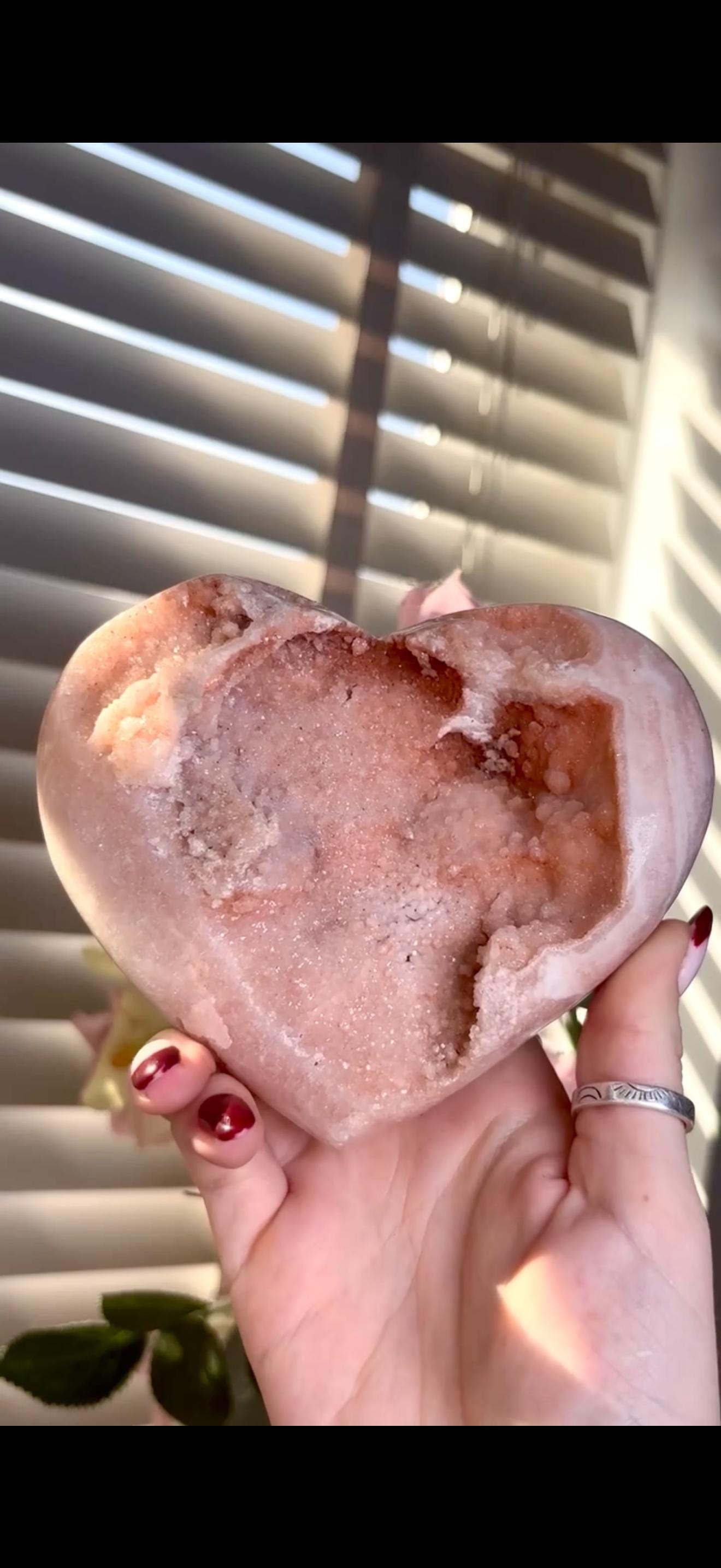 High grade, gorgeous, peach toned , sugar druzy Pink amethyst heart, comes with custom stand 817g