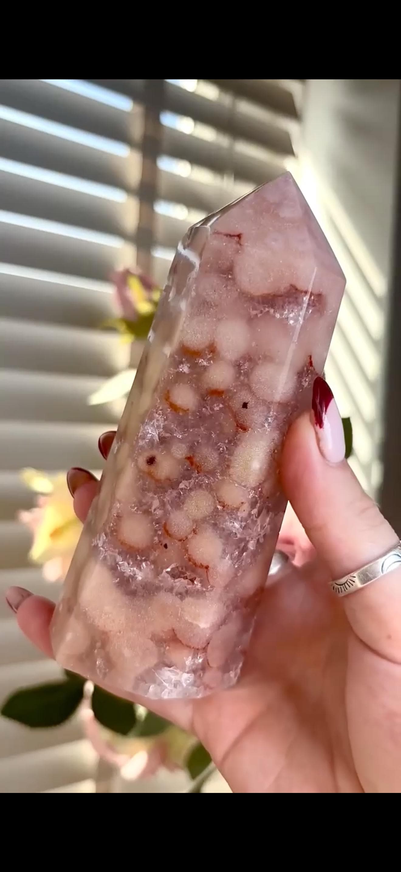 Pink amethyst tower with orb formations & quartz Druze 257g 12cm by 4.4cm
