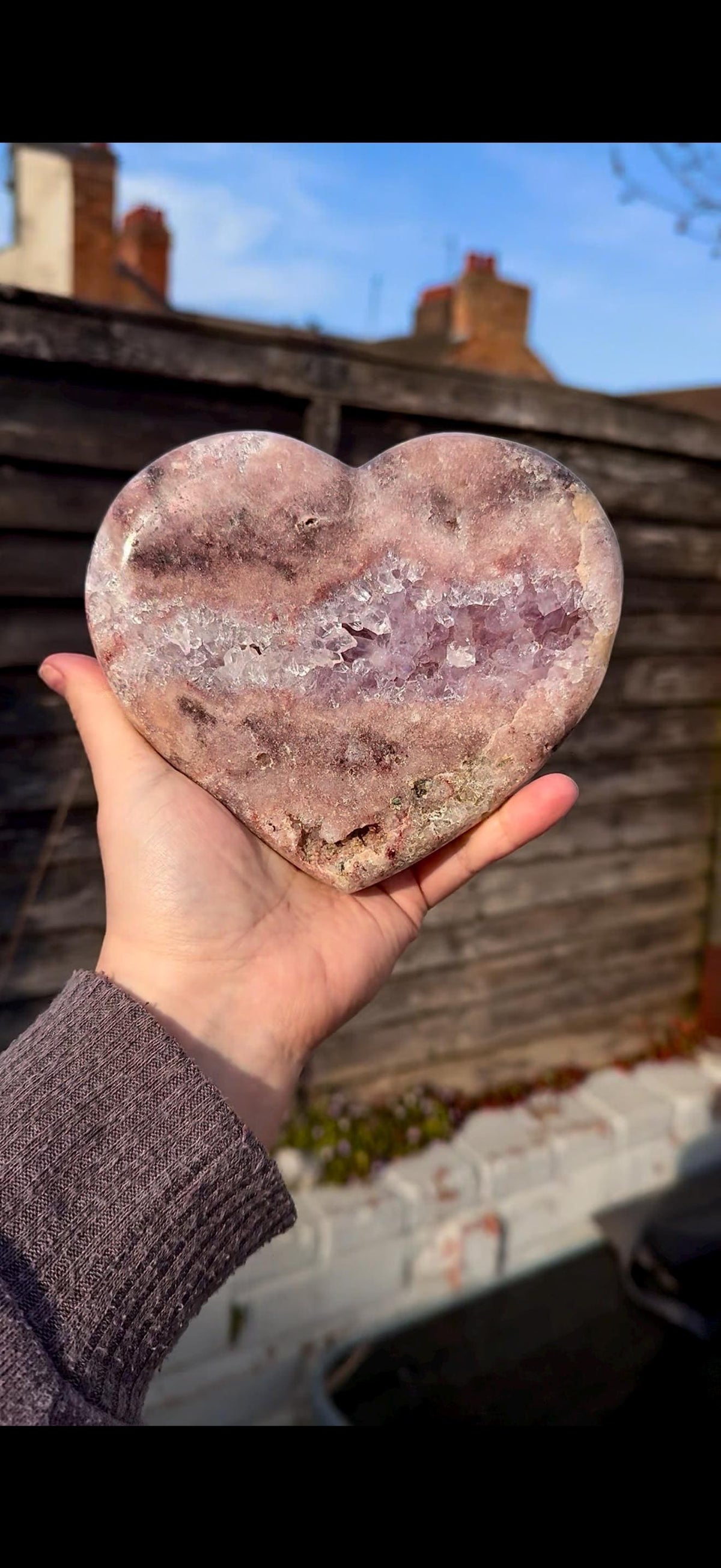 high quality, statement pink amethyst heart with purple quartz - comes with a custom stand