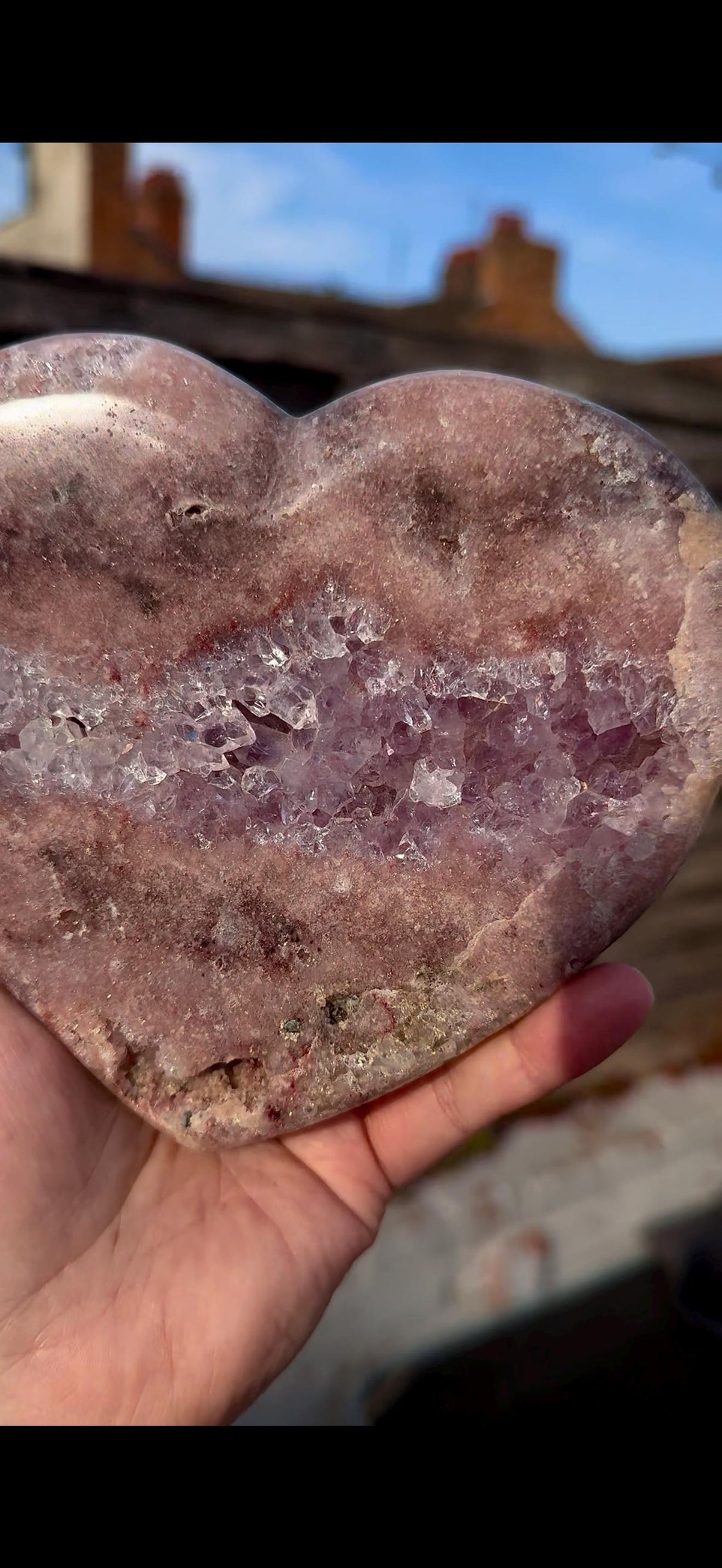 high quality, statement pink amethyst heart with purple quartz - comes with a custom stand