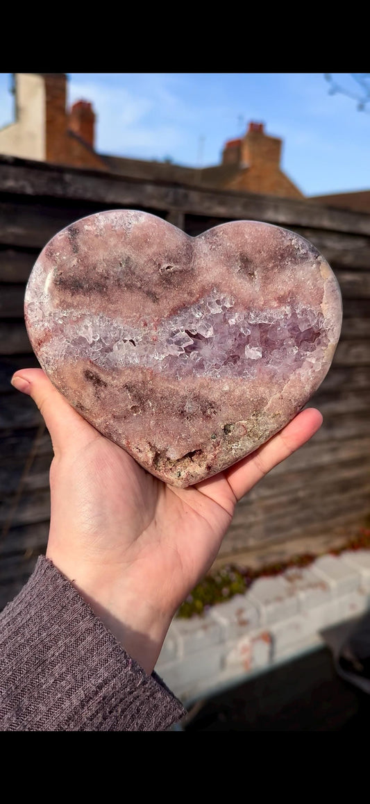 high quality, statement pink amethyst heart with purple quartz - comes with a custom stand