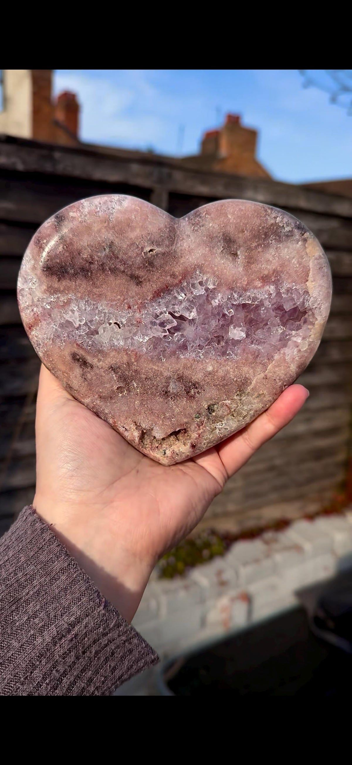 high quality, statement pink amethyst heart with purple quartz - comes with a custom stand