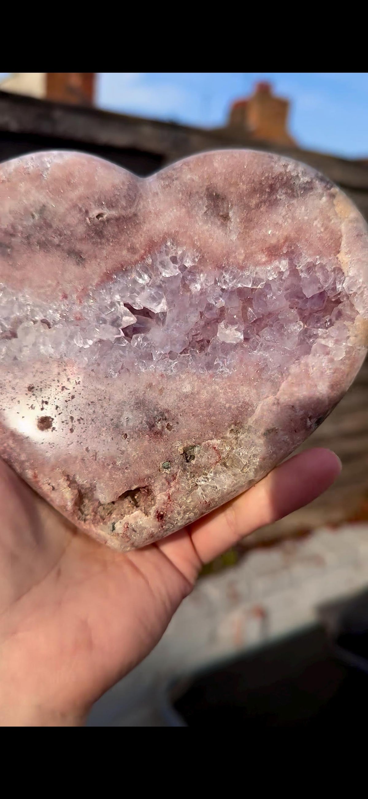 high quality, statement pink amethyst heart with purple quartz - comes with a custom stand