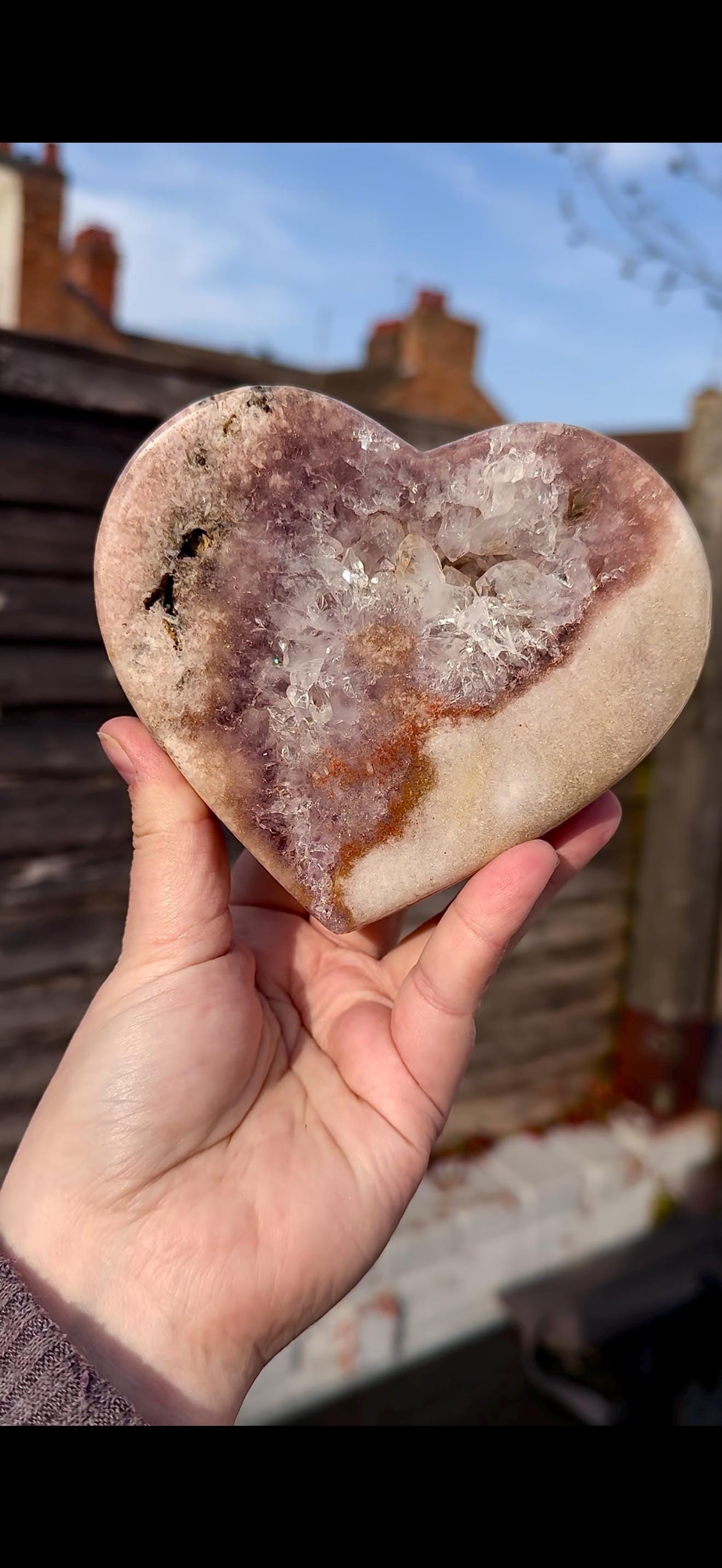 pink amethyst heart with quartz - comes with stand