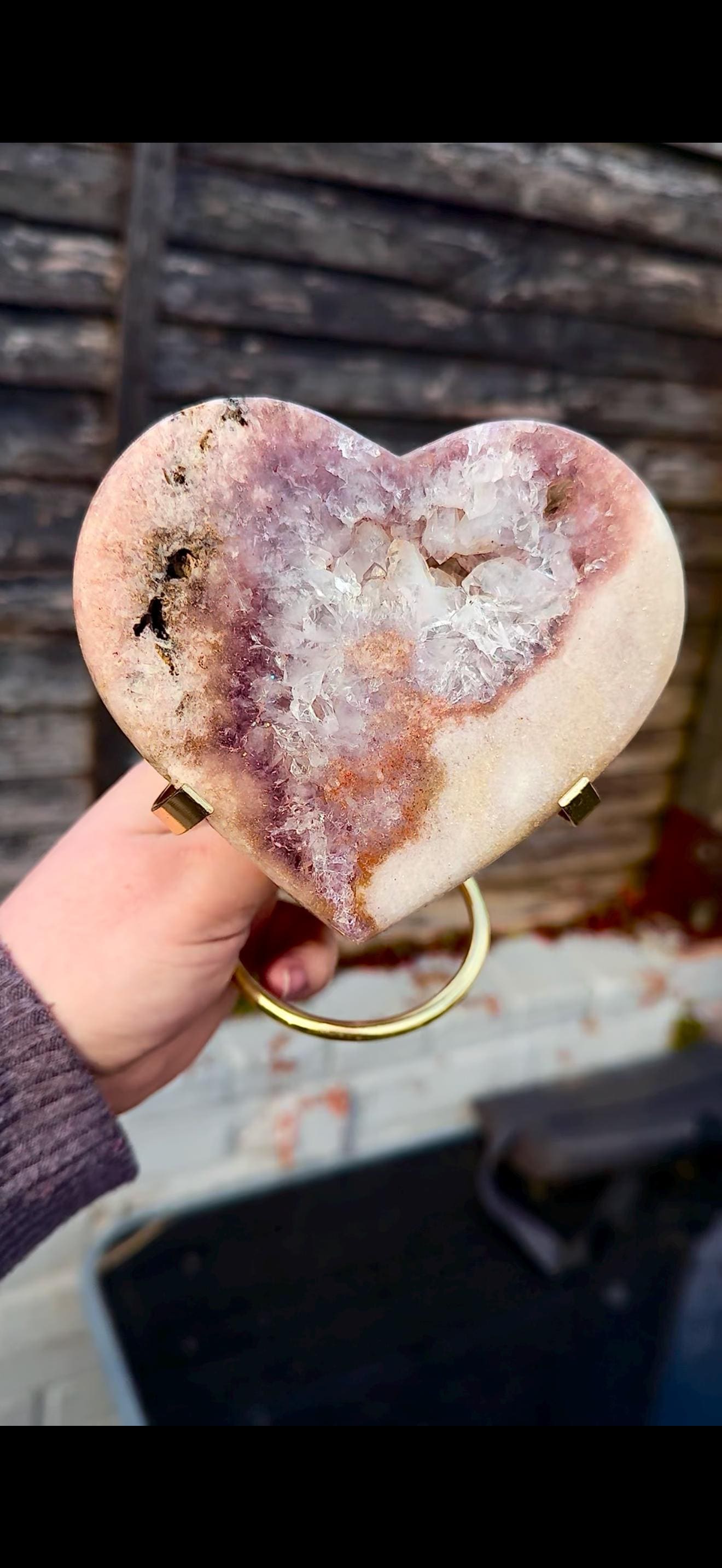 pink amethyst heart with quartz - comes with stand