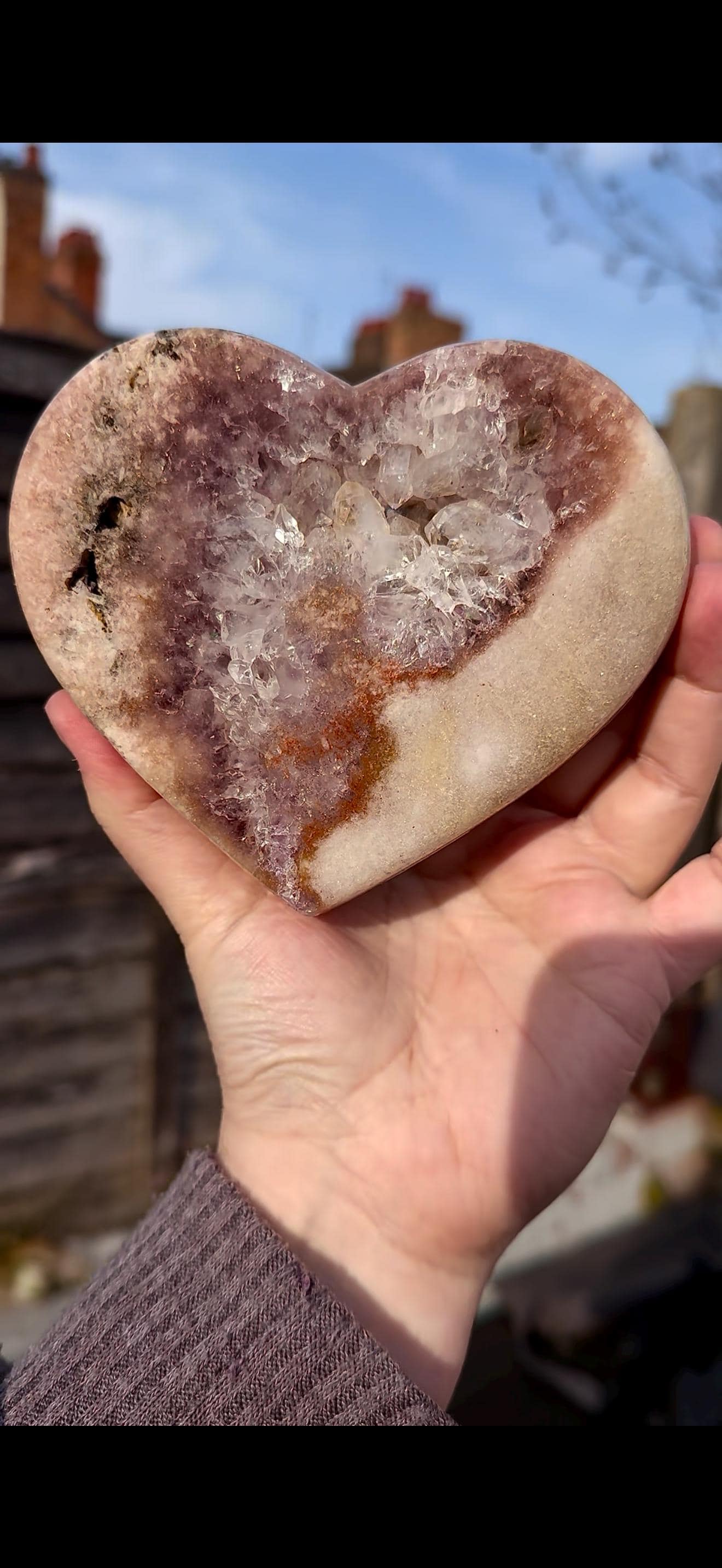pink amethyst heart with quartz - comes with stand