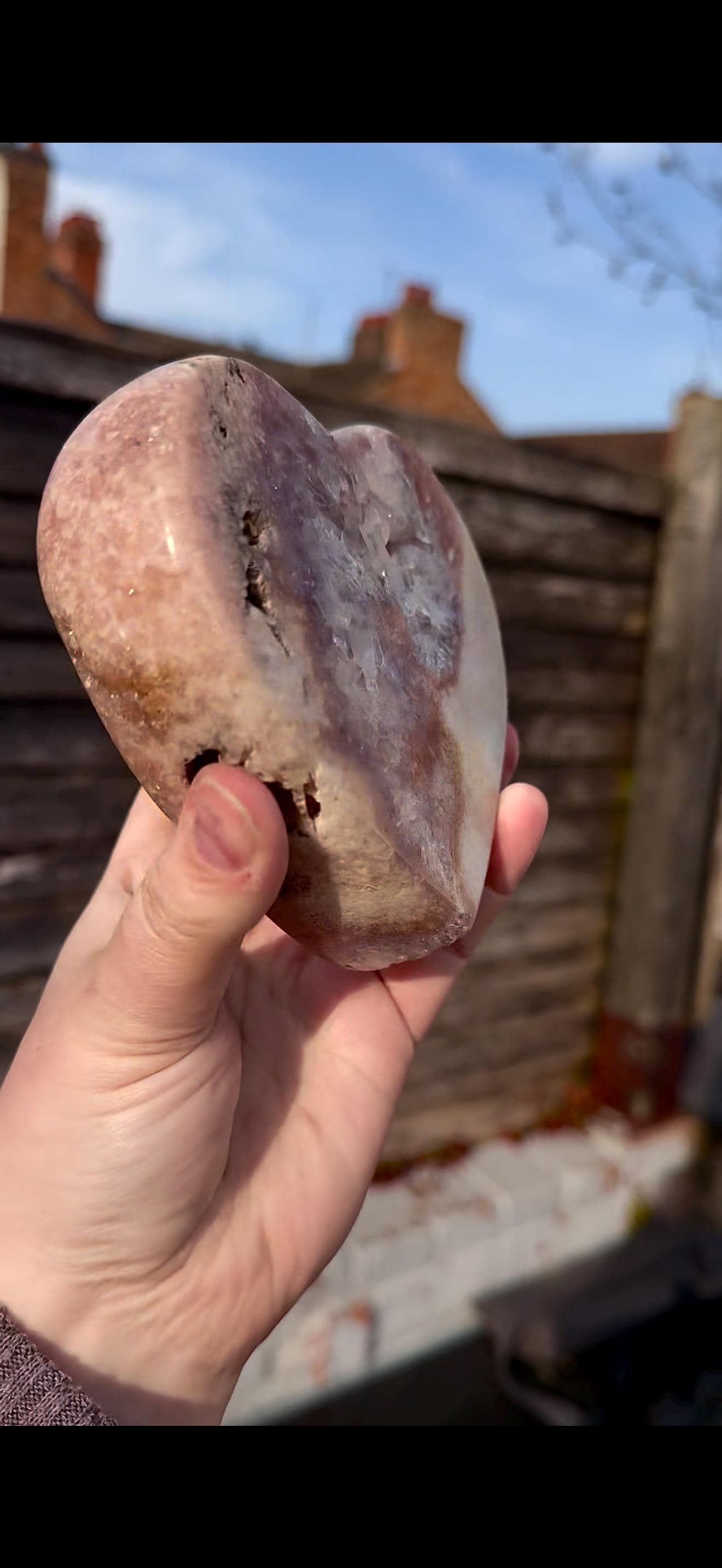 pink amethyst heart with quartz - comes with stand
