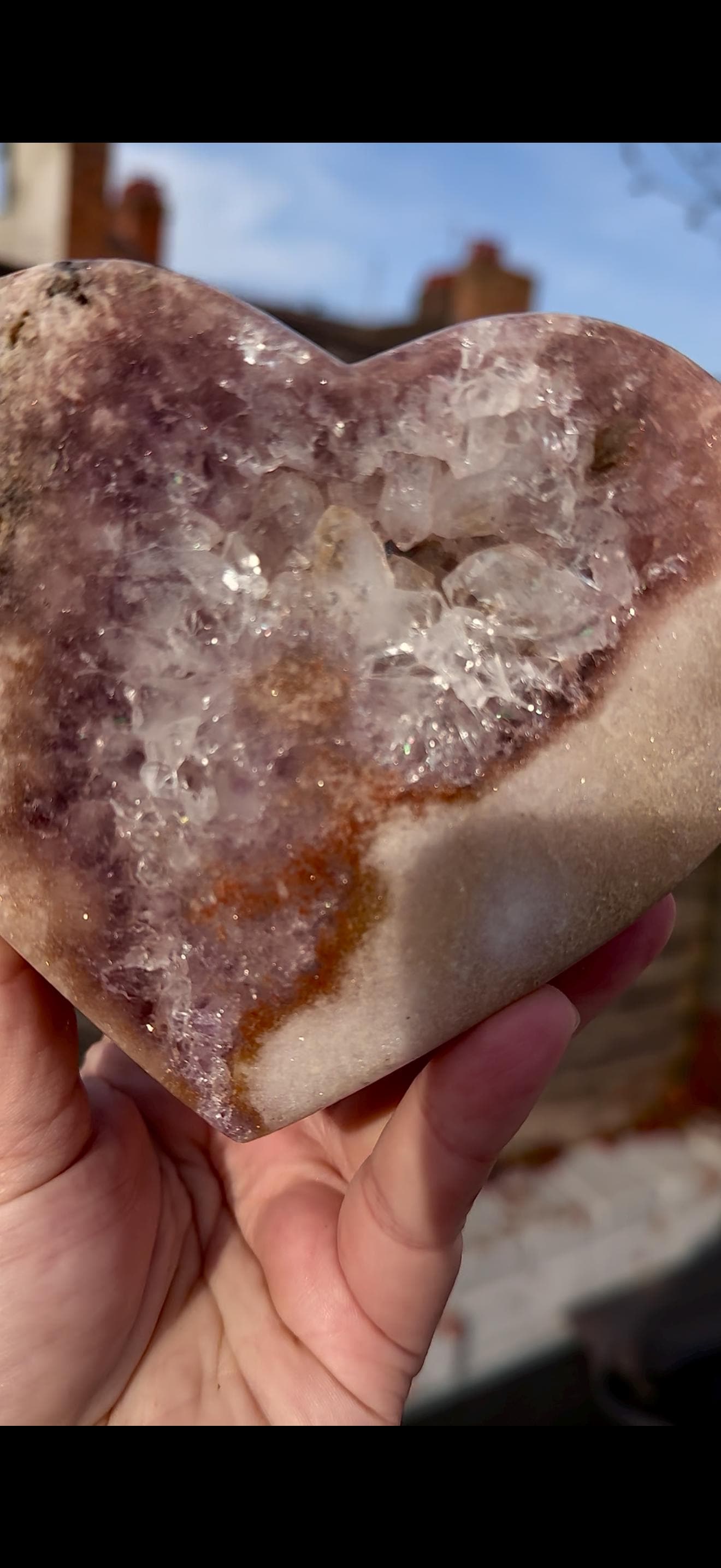 pink amethyst heart with quartz - comes with stand