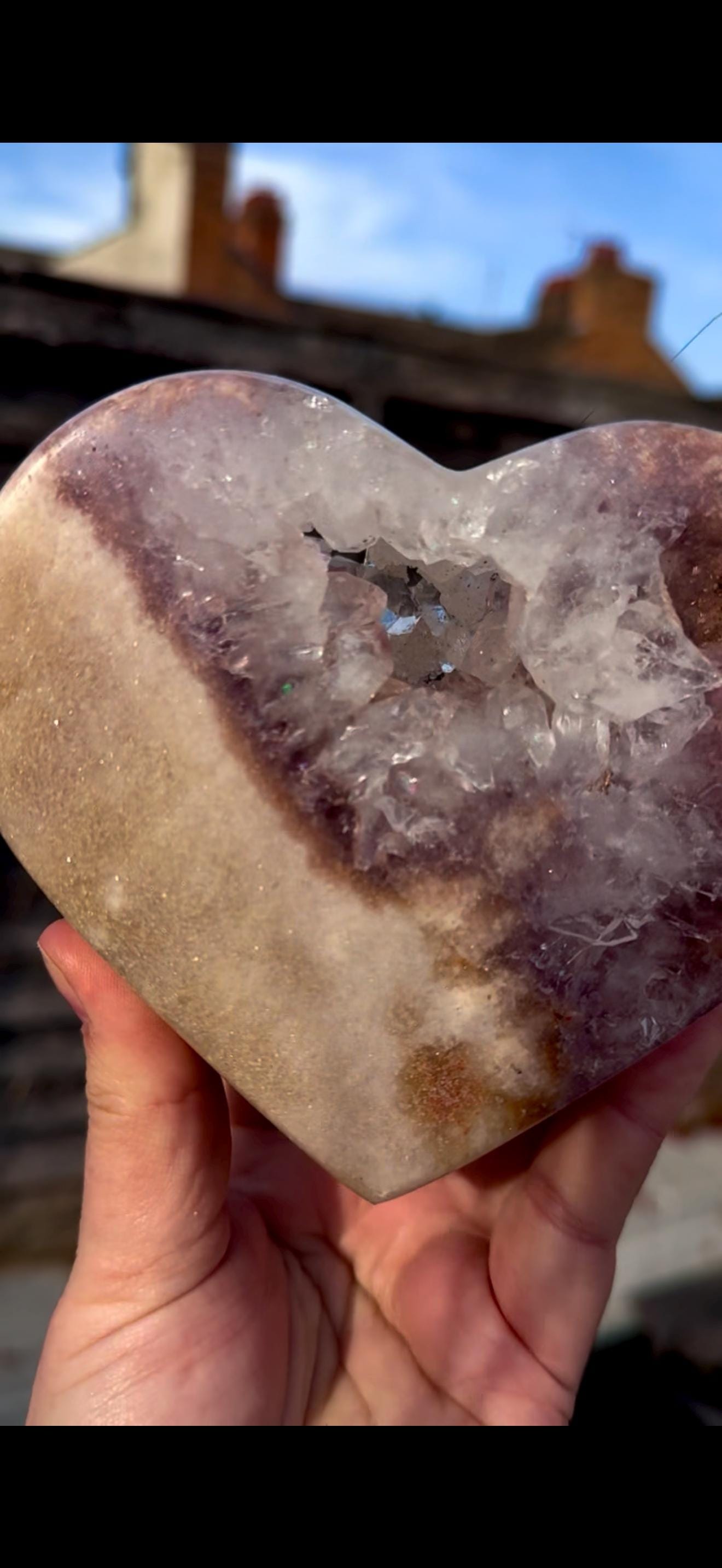 pink amethyst heart with quartz - comes with stand