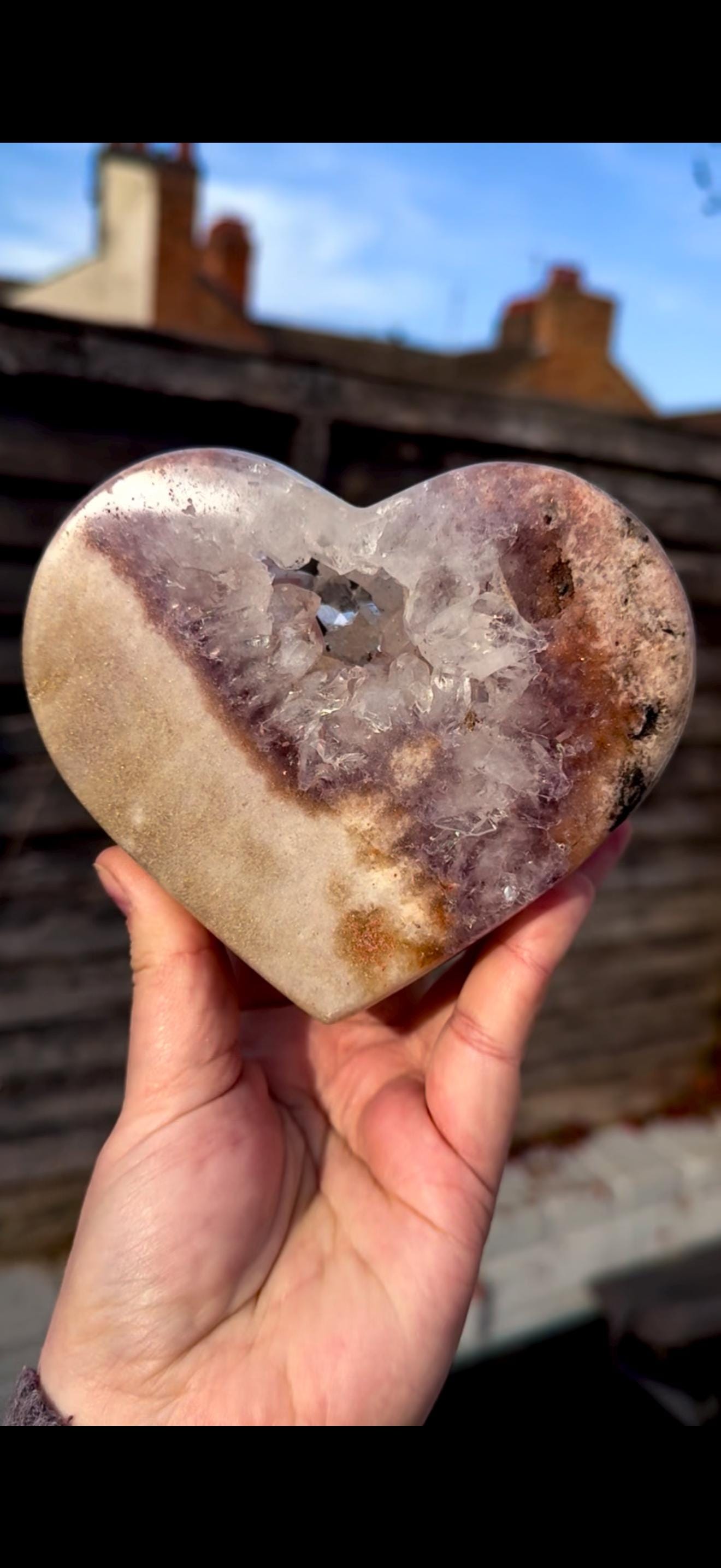 pink amethyst heart with quartz - comes with stand