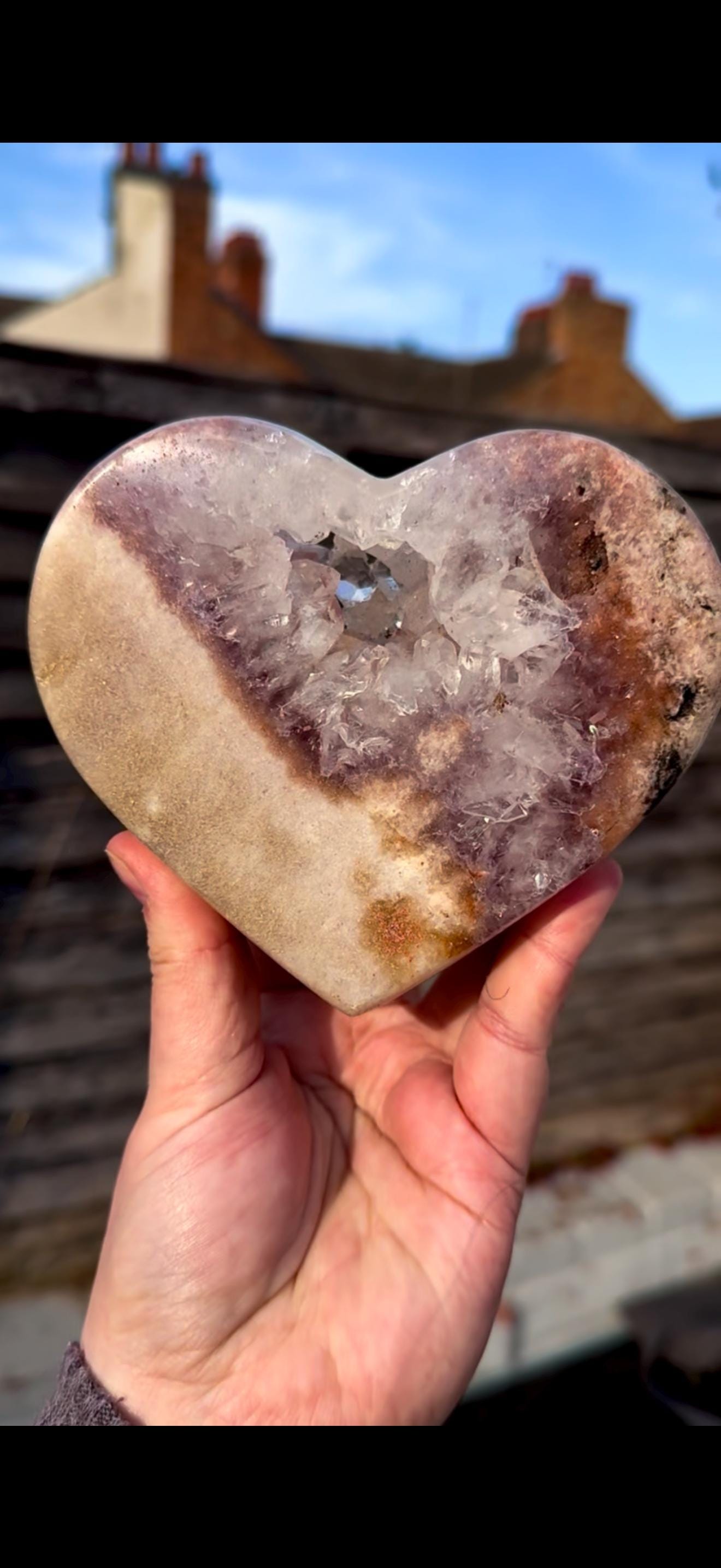 pink amethyst heart with quartz - comes with stand