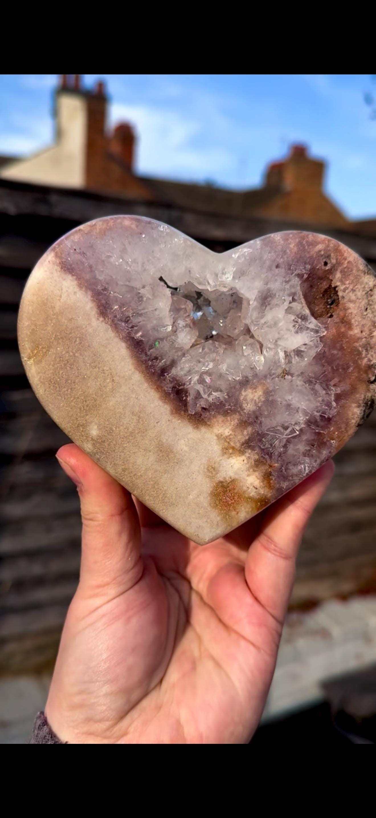 pink amethyst heart with quartz - comes with stand