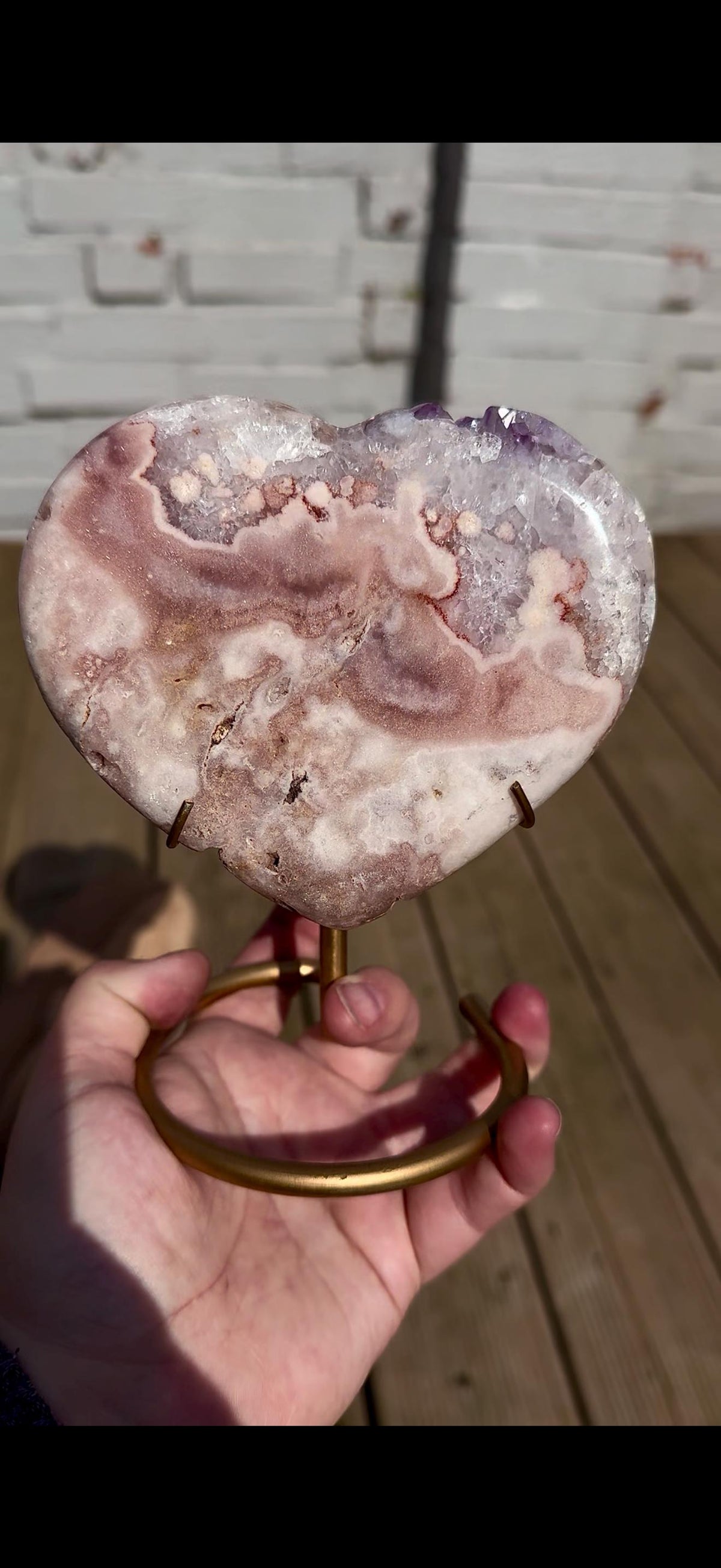 pink amethyst heart with quartz - comes with stand
