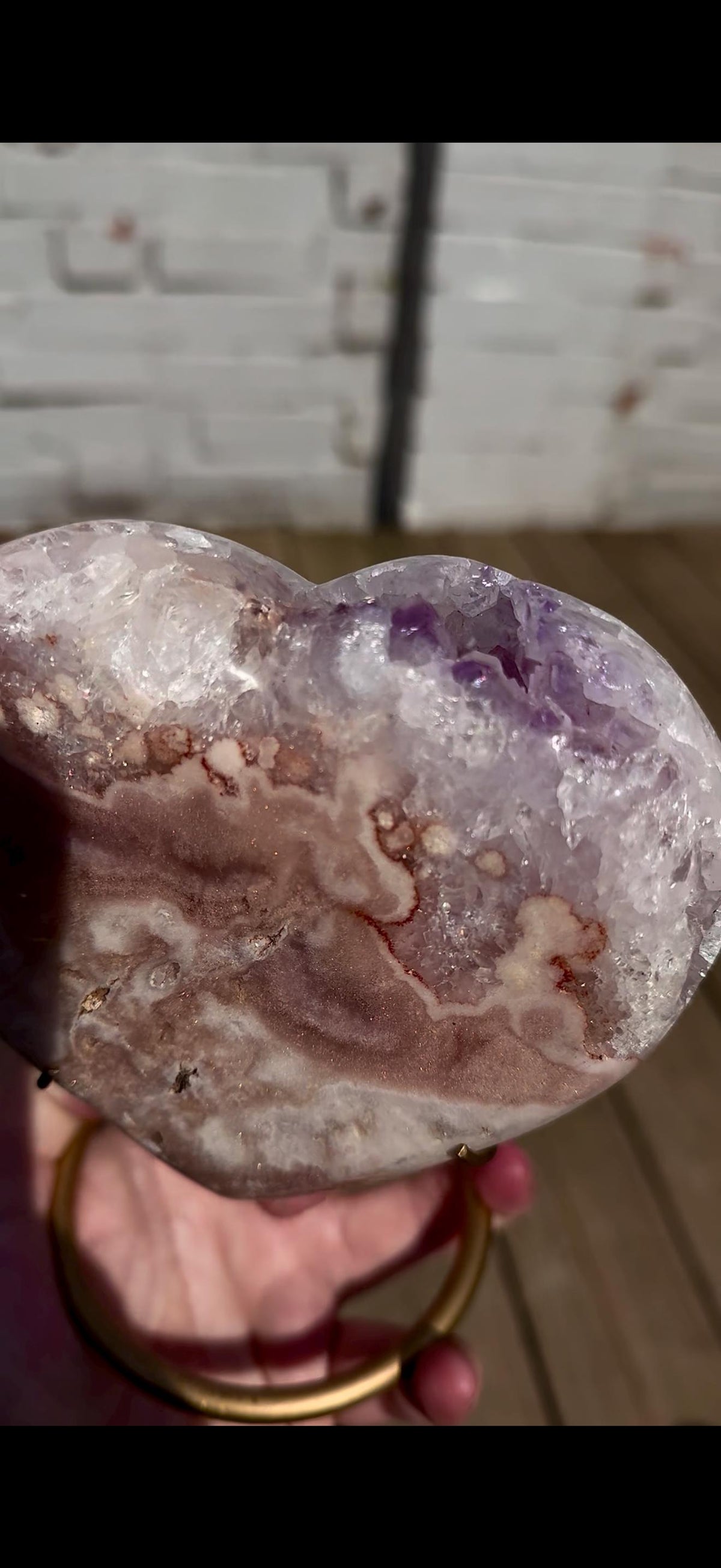 pink amethyst heart with quartz - comes with stand
