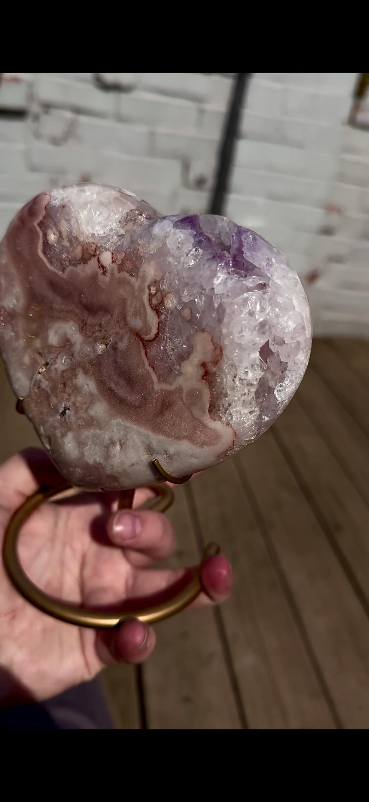 pink amethyst heart with quartz - comes with stand