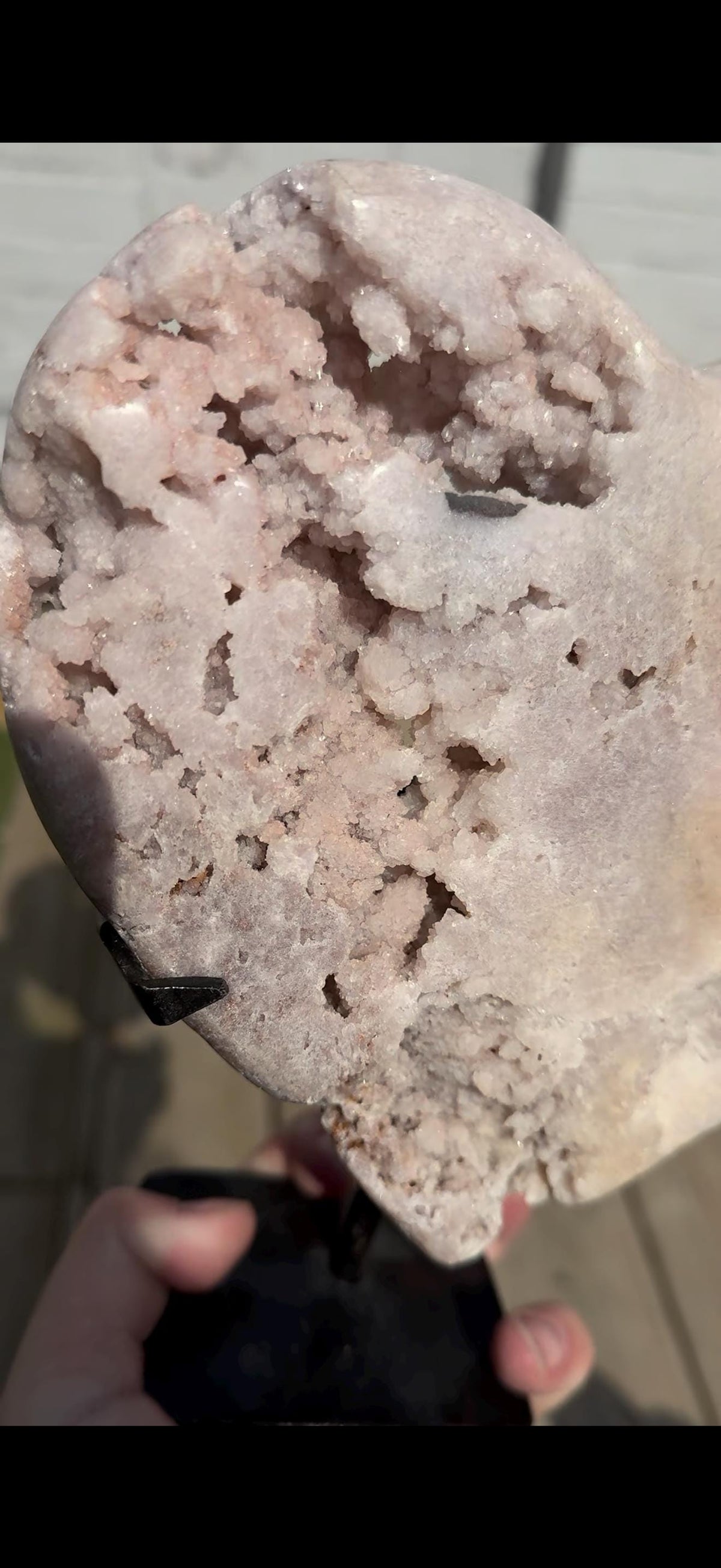 high quality, statement pink amethyst heart with unique bubble formations in a lemon/white tone - comes with a custom stand