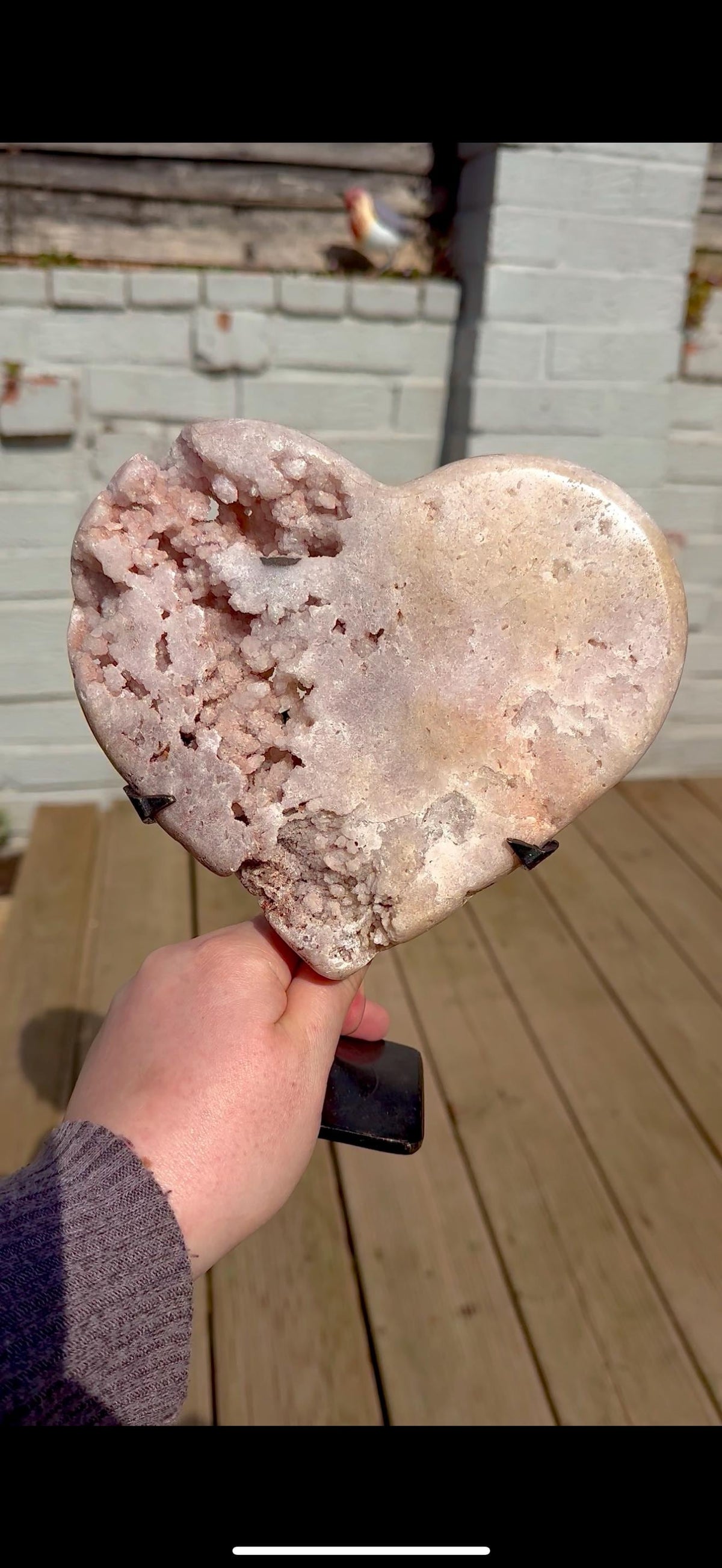 high quality, statement pink amethyst heart with unique bubble formations in a lemon/white tone - comes with a custom stand