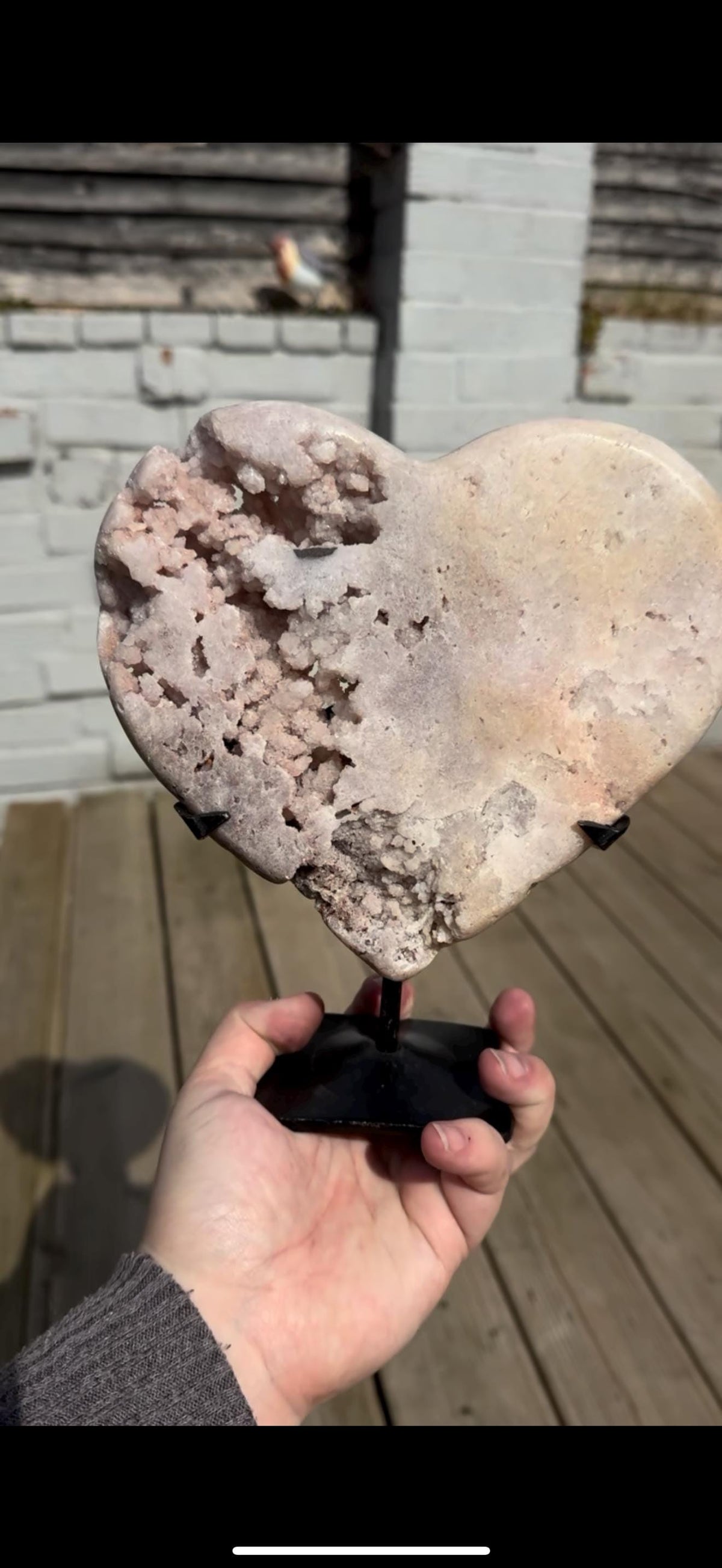 high quality, statement pink amethyst heart with unique bubble formations in a lemon/white tone - comes with a custom stand