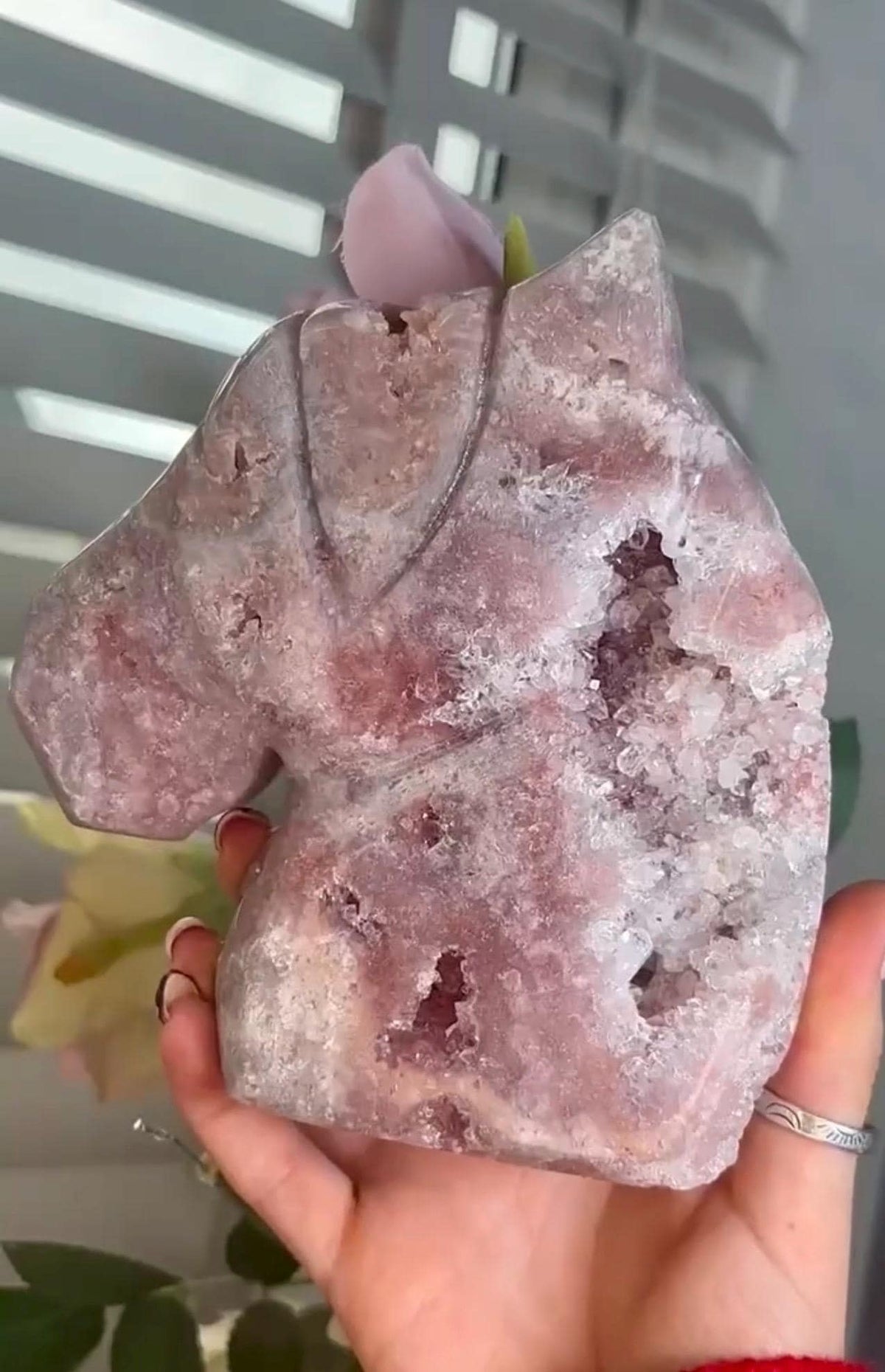 High grade, pink amethyst horse carving with quartz druzy