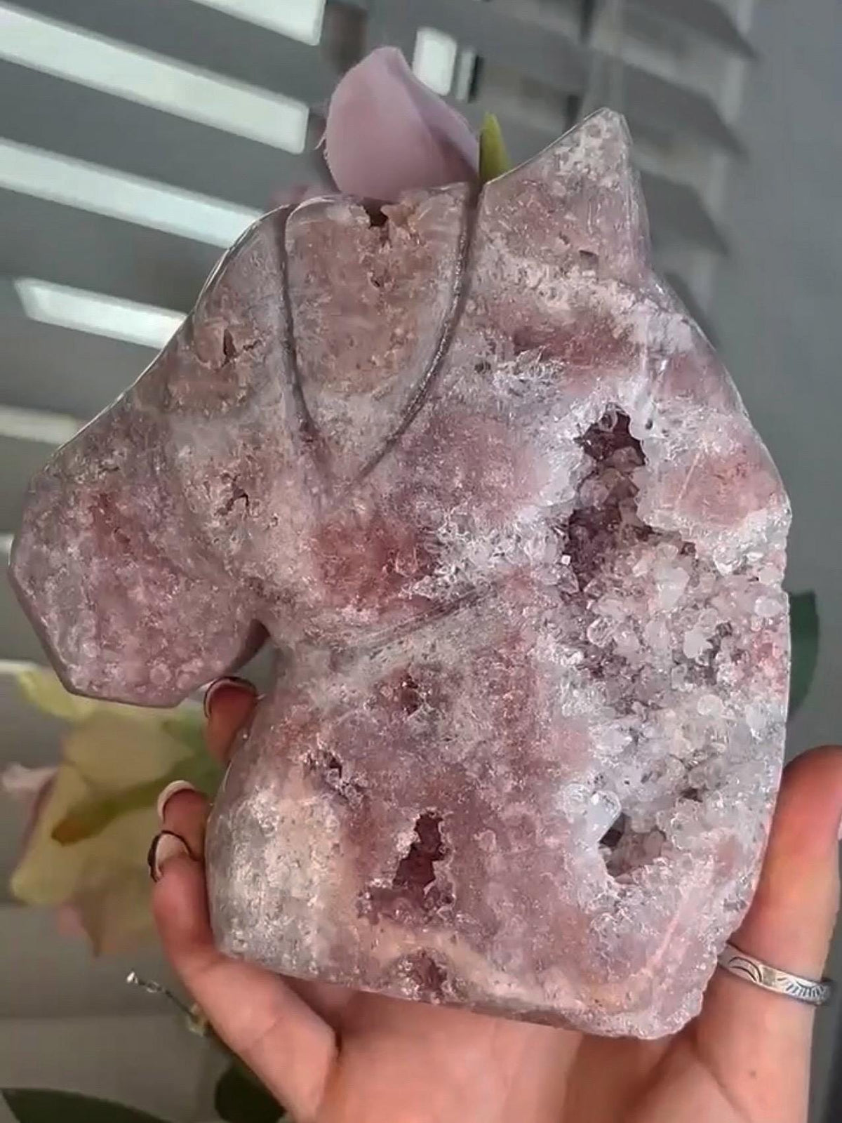 High grade, pink amethyst horse carving with quartz druzy