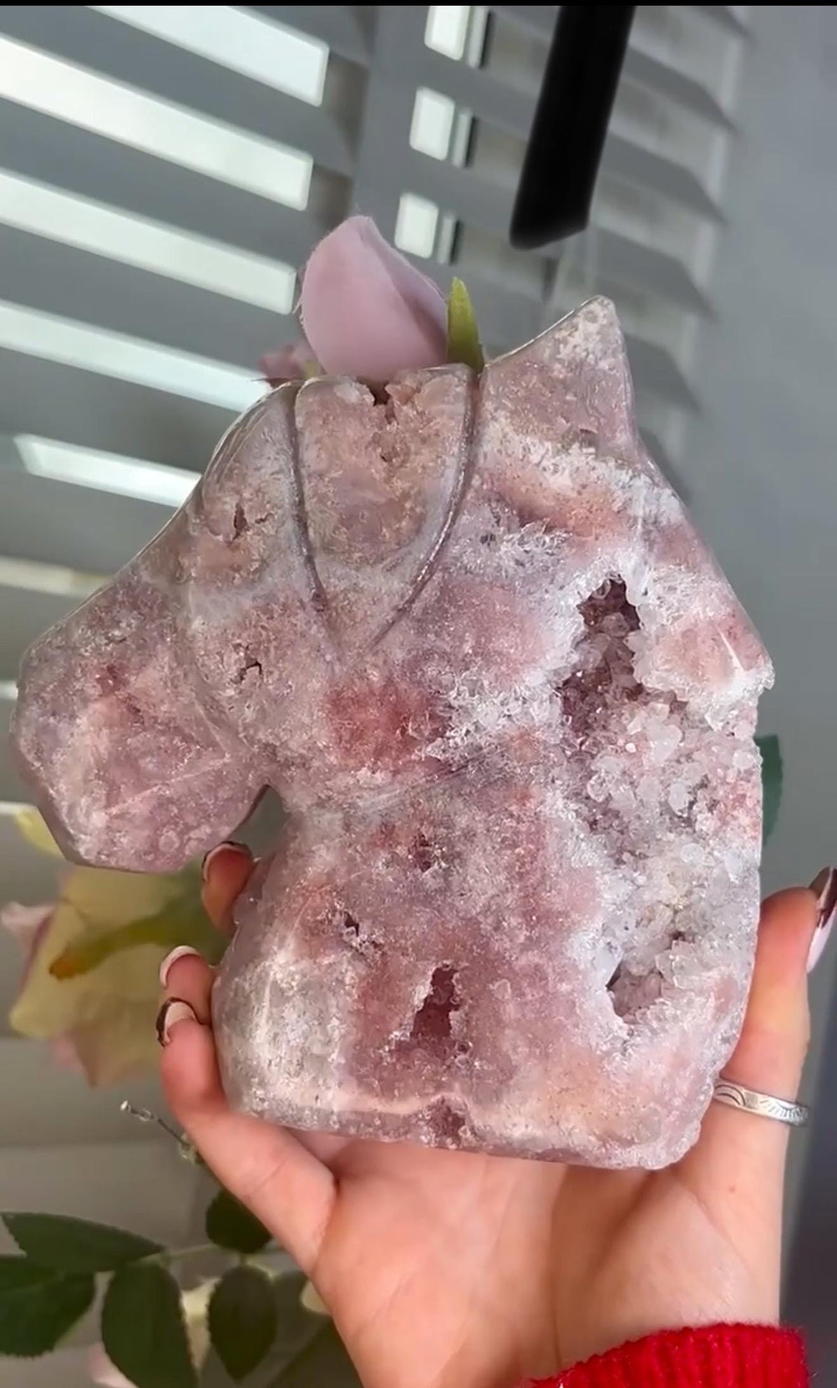 High grade, pink amethyst horse carving with quartz druzy