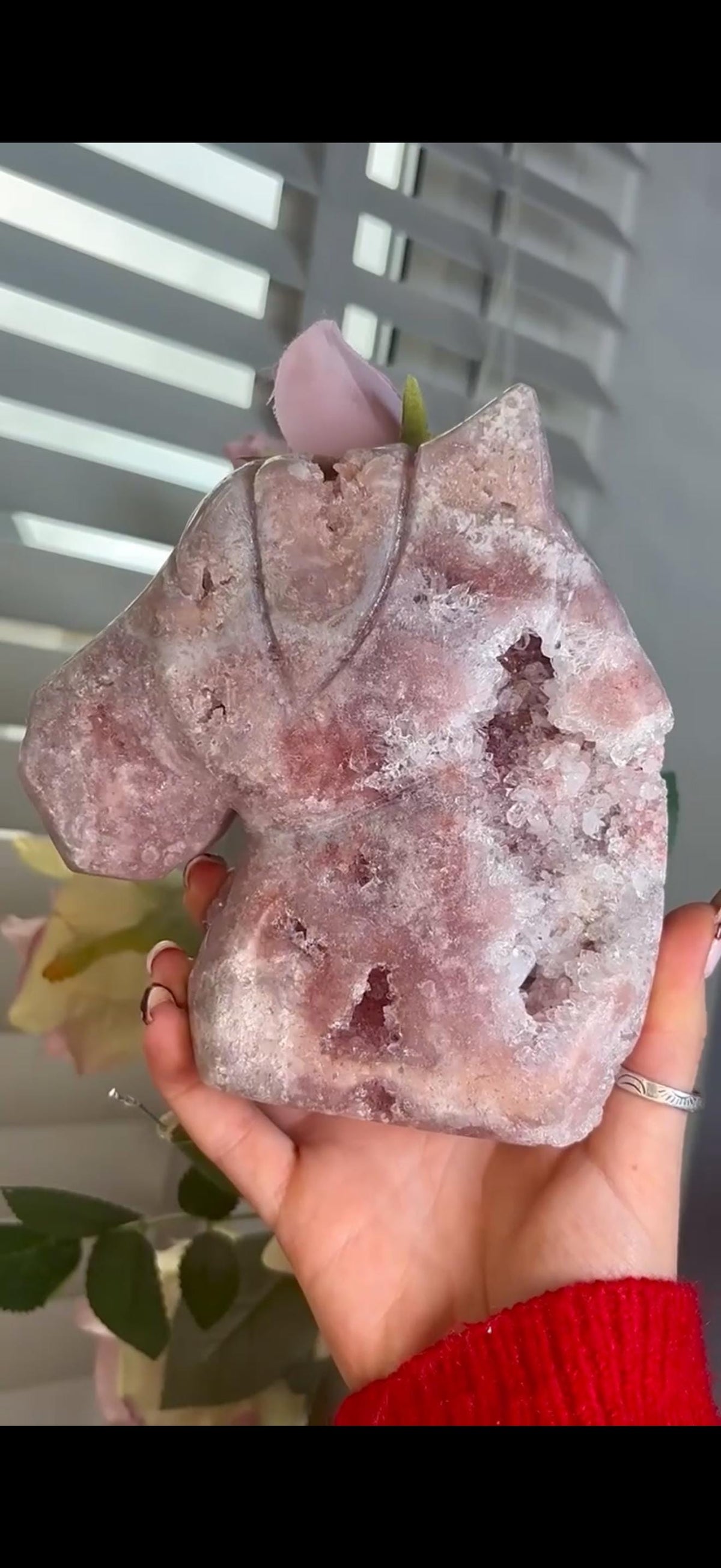 High grade, pink amethyst horse carving with quartz druzy