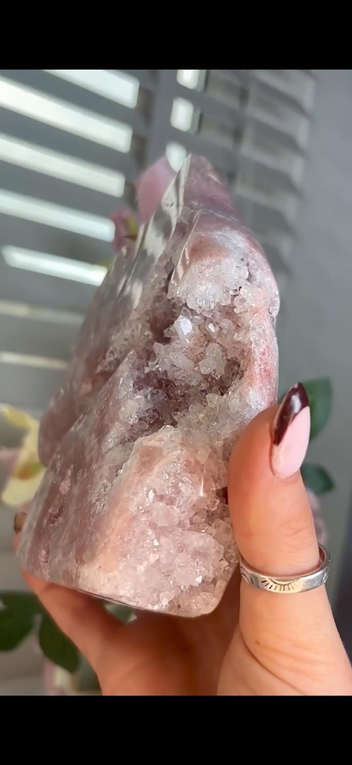High grade, pink amethyst horse carving with quartz druzy