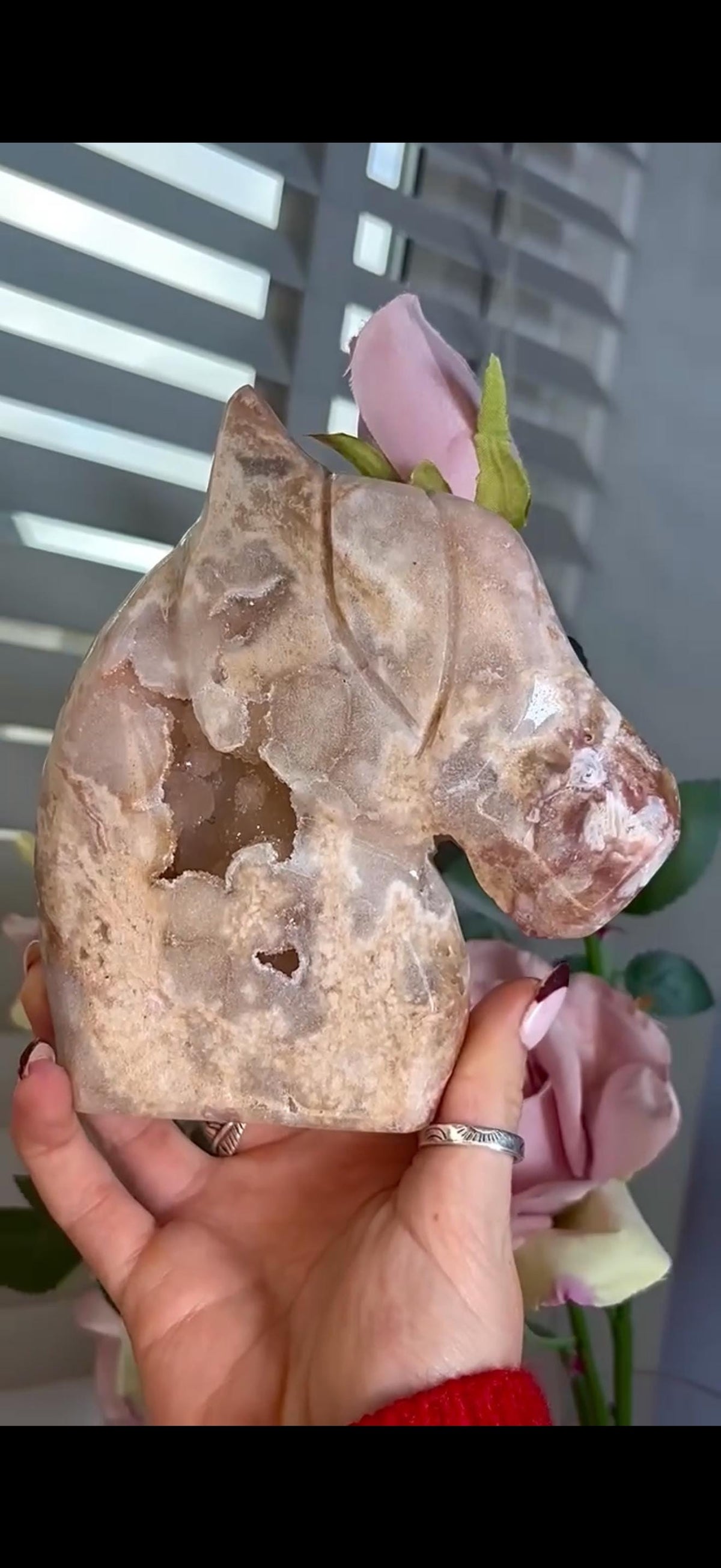 High grade, golden pink amethyst horse, pony carving with sugar druzy 820g
