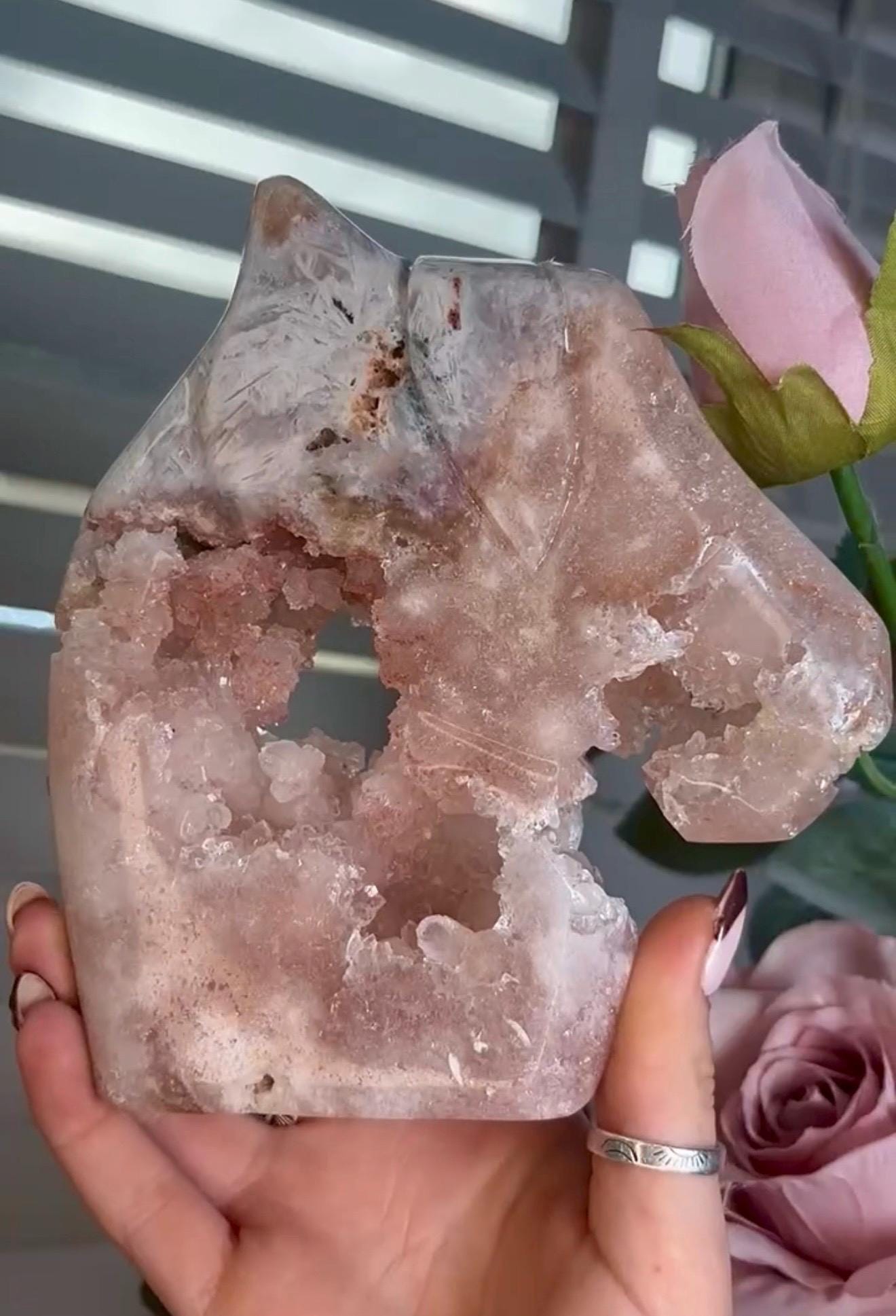 High grade, pink amethyst horse carving with quartz bubble druzy 840g