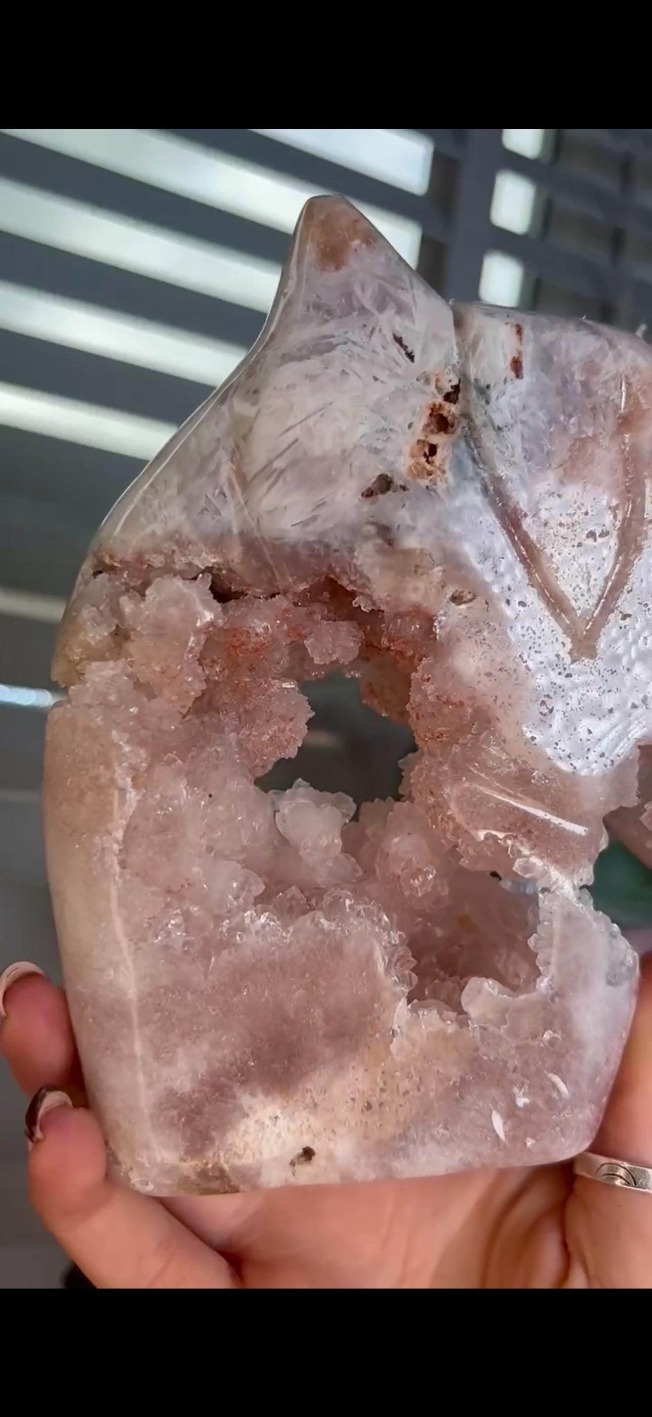 High grade, pink amethyst horse carving with quartz bubble druzy 840g