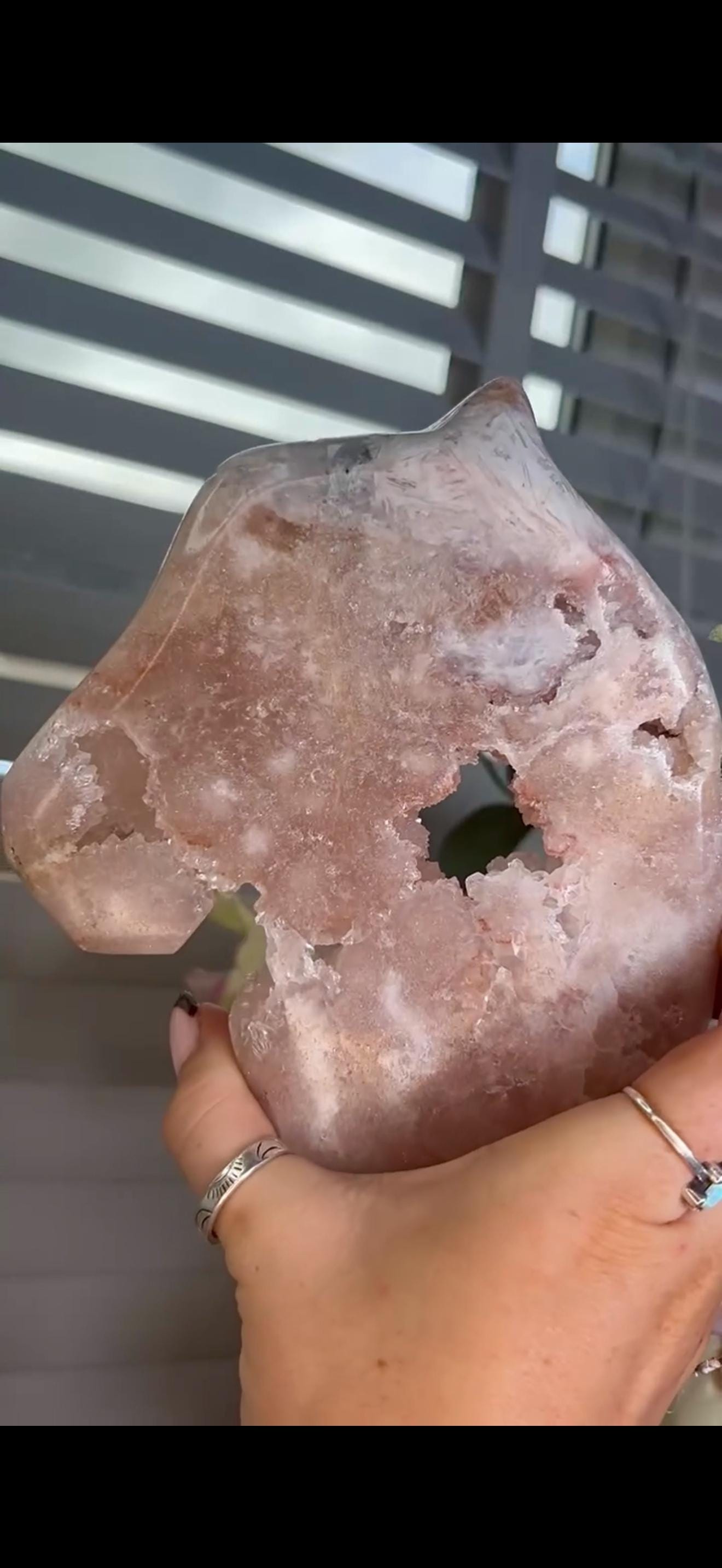 High grade, pink amethyst horse carving with quartz bubble druzy 840g