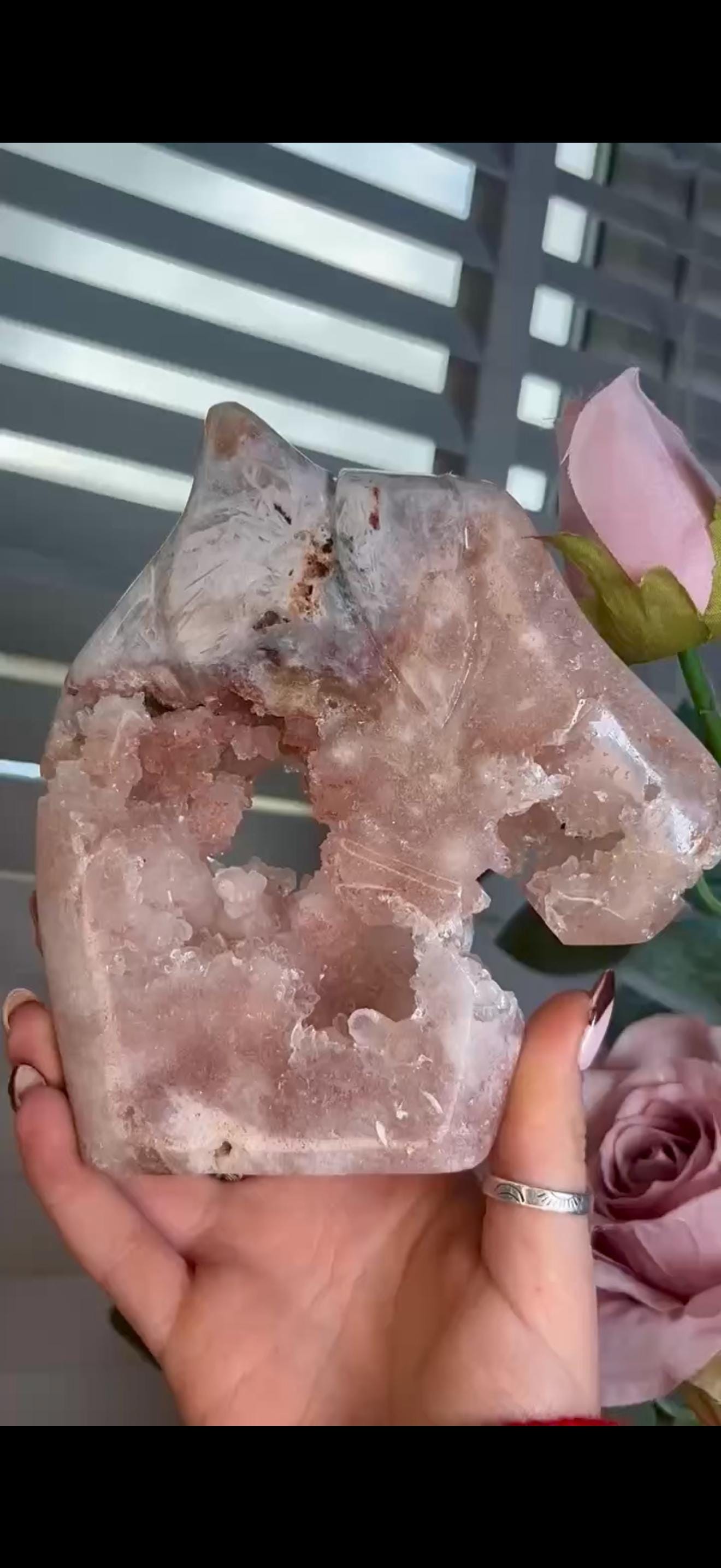 High grade, pink amethyst horse carving with quartz bubble druzy 840g