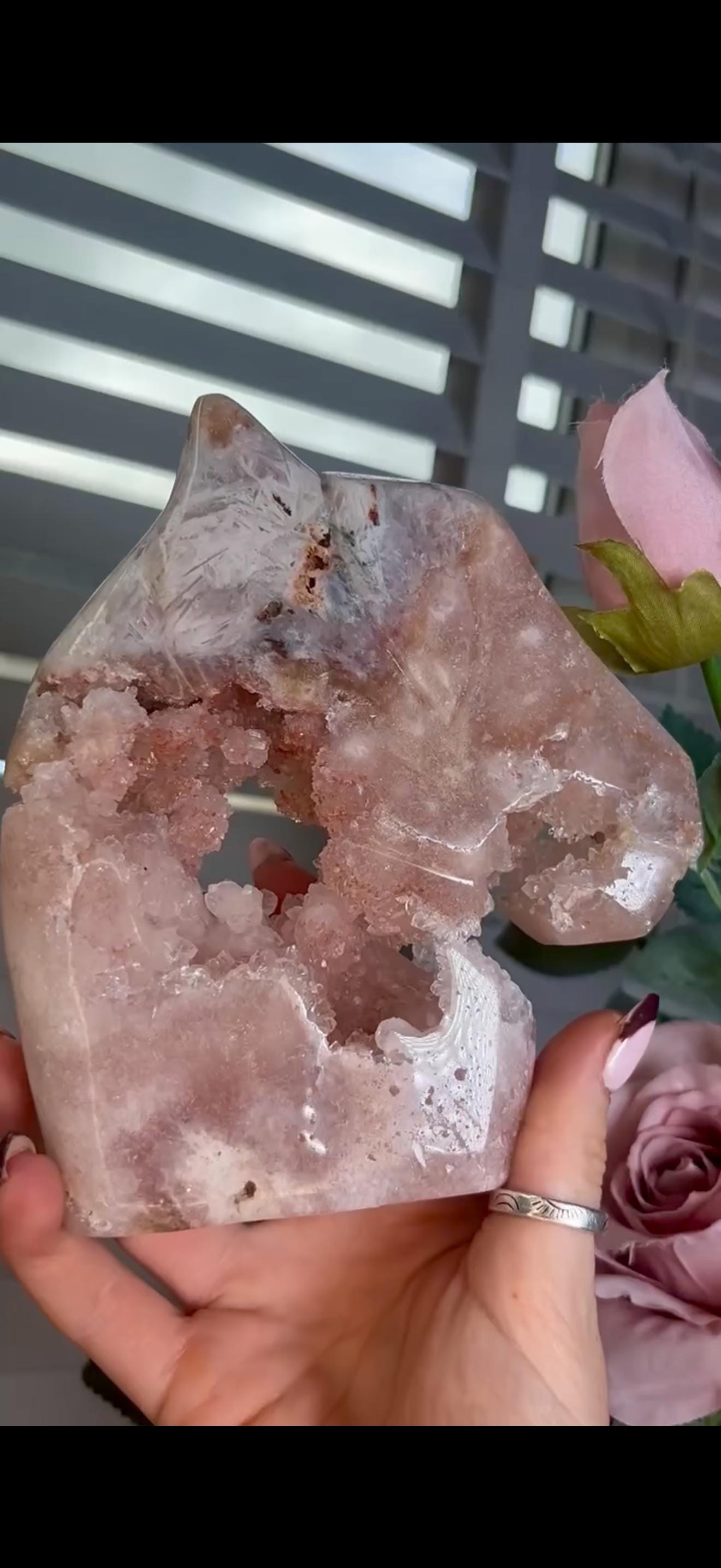 High grade, pink amethyst horse carving with quartz bubble druzy 840g