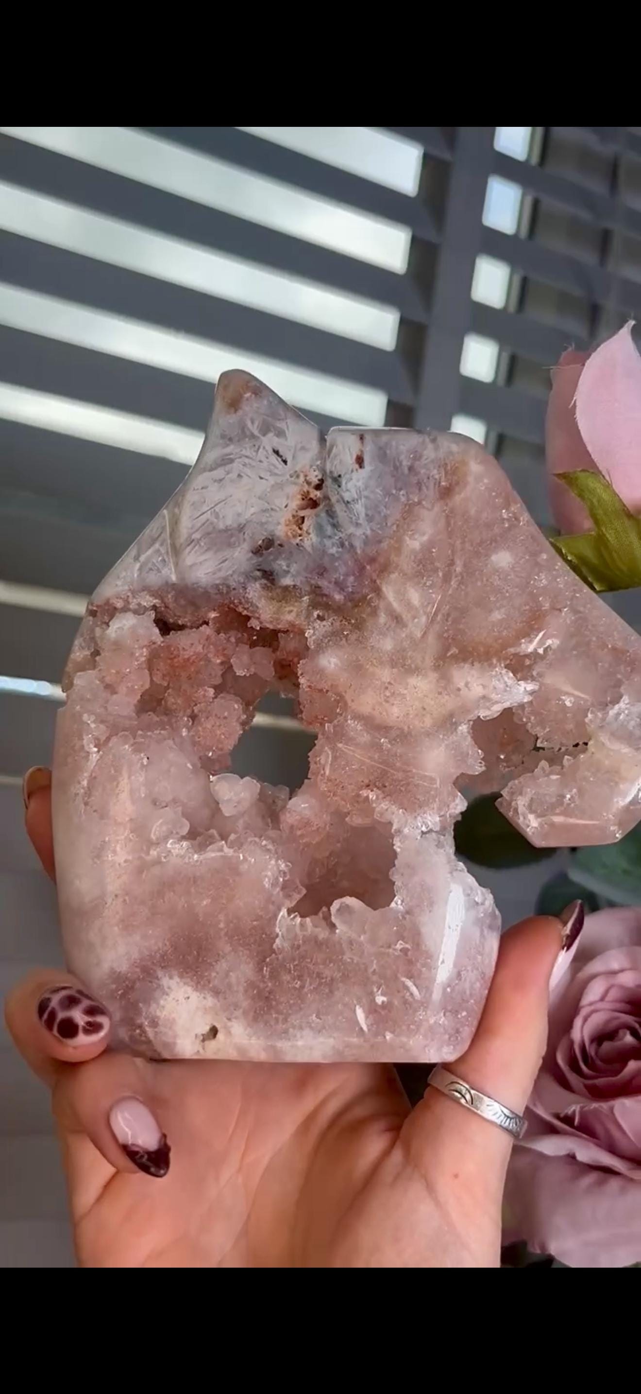 High grade, pink amethyst horse carving with quartz bubble druzy 840g