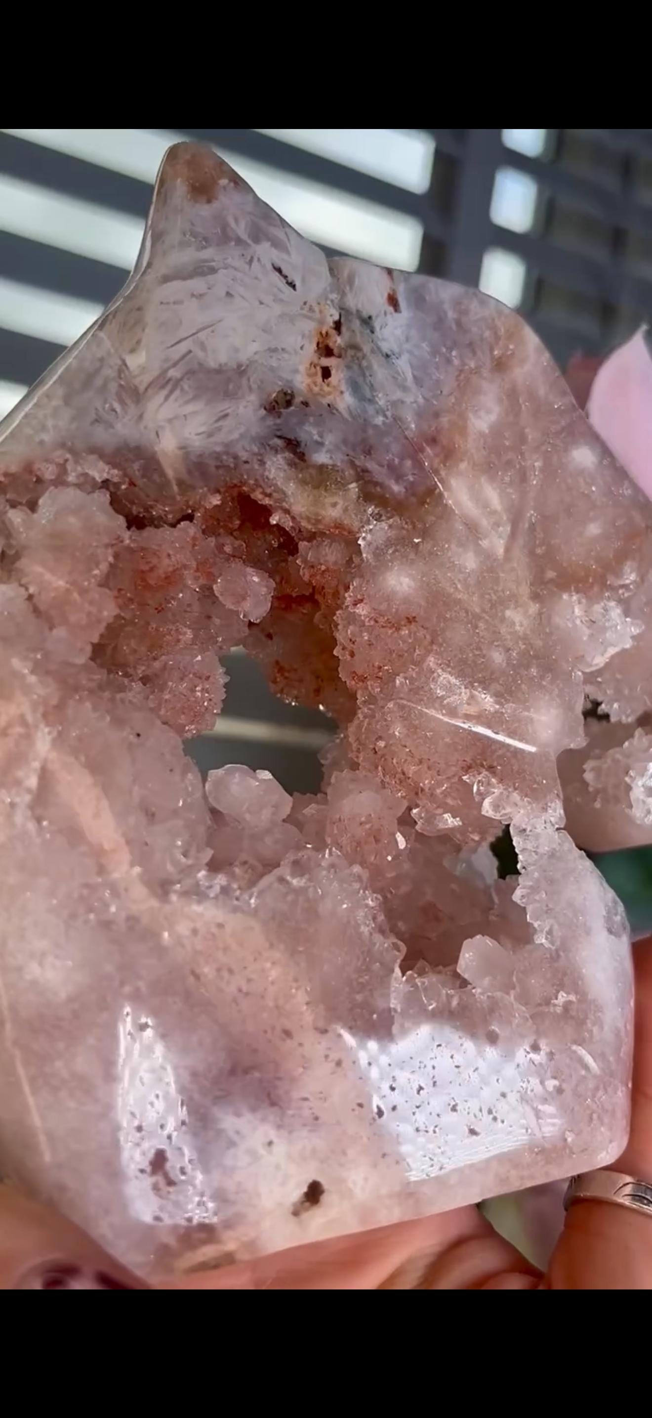 High grade, pink amethyst horse carving with quartz bubble druzy 840g