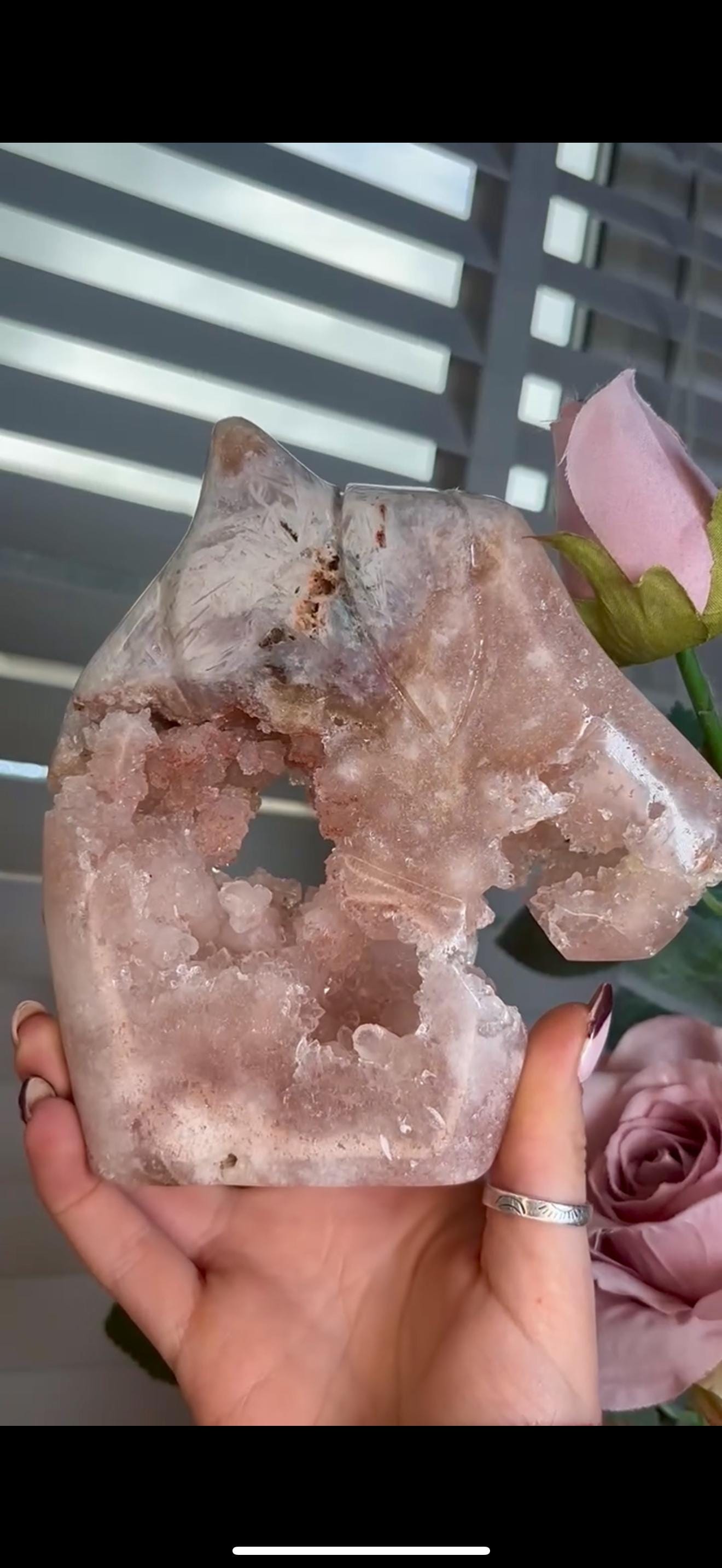 High grade, pink amethyst horse carving with quartz bubble druzy 840g
