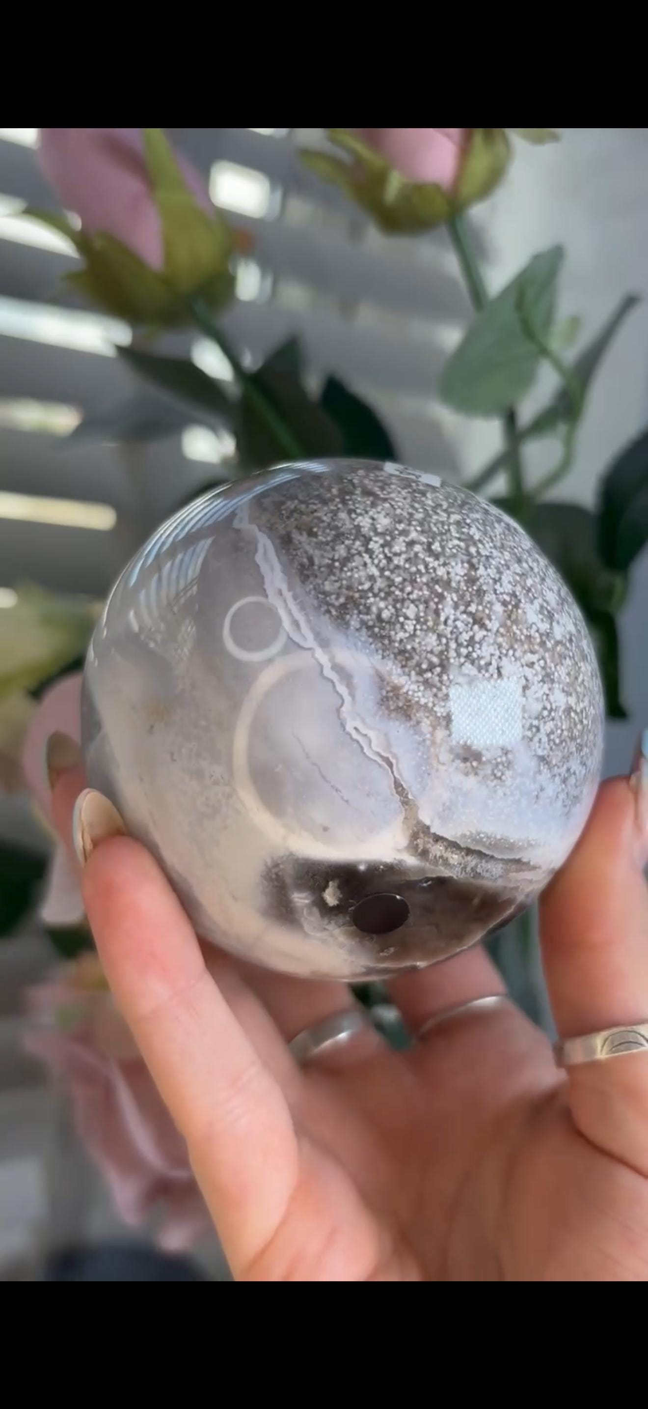 Pastel ocean jasper sphere in baby blue, white & dark blue tones with quartz