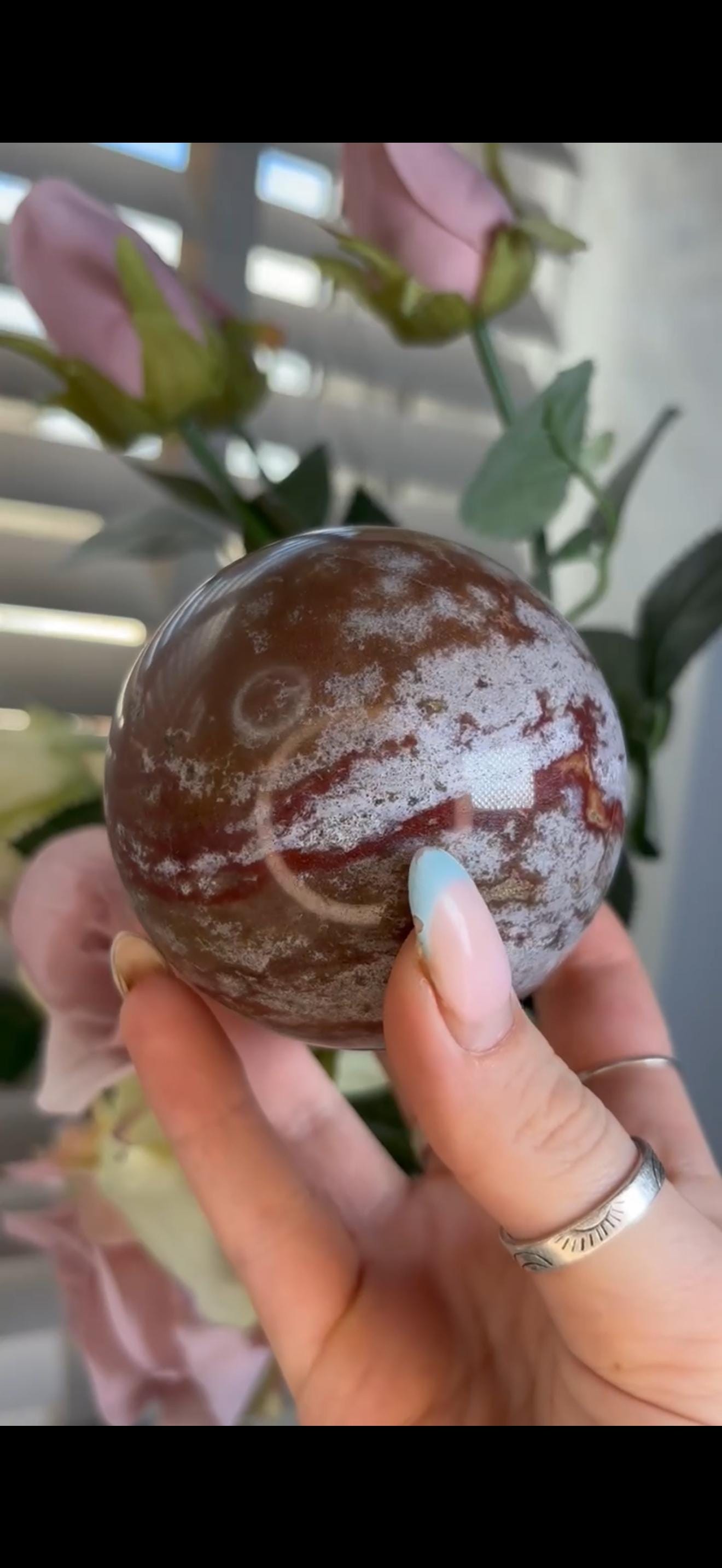 ocean jasper sphere in red/pink & white tones