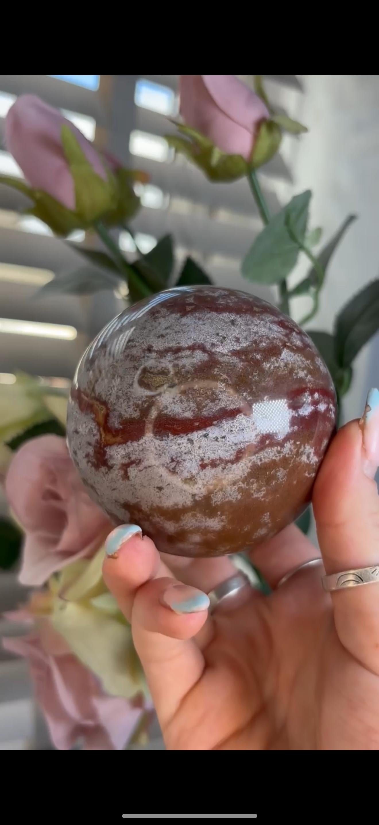 ocean jasper sphere in red/pink & white tones