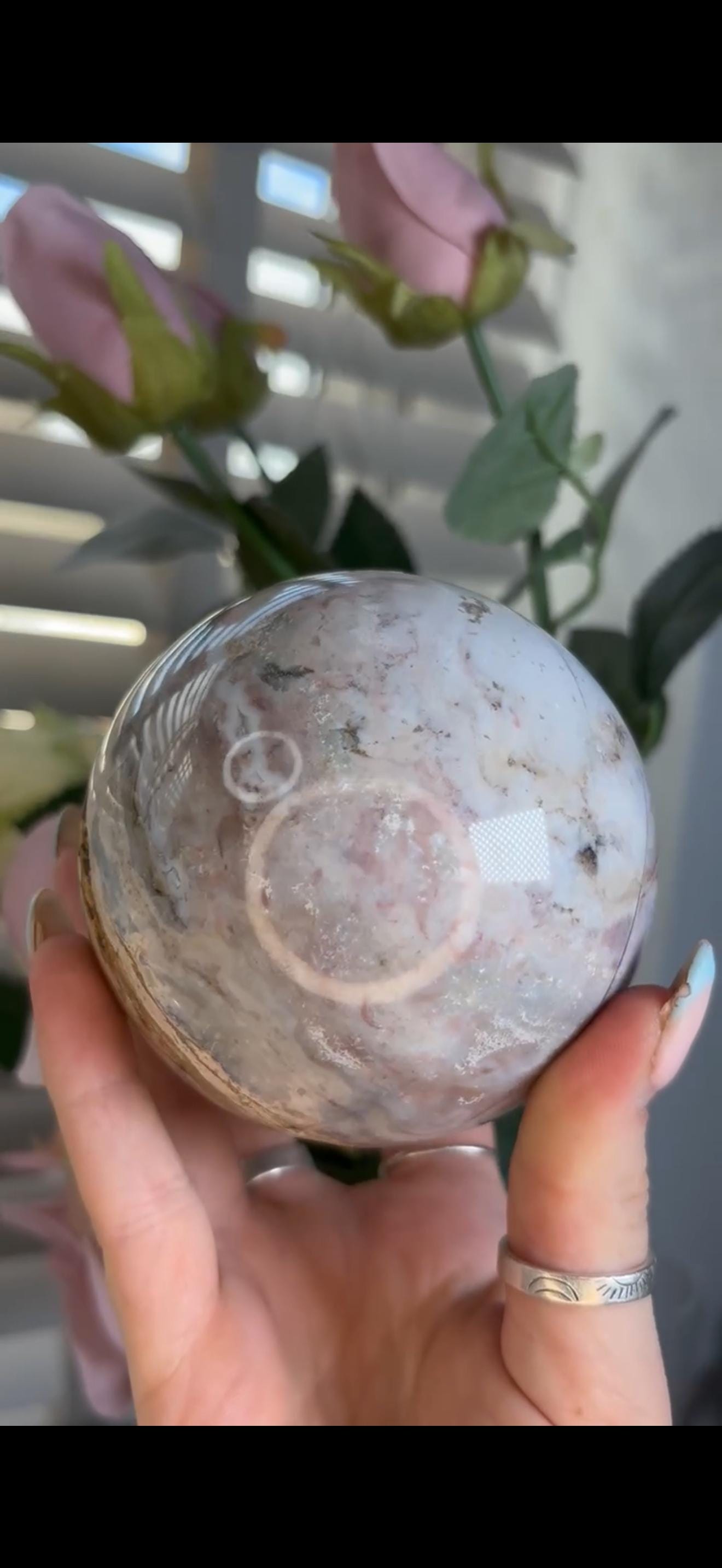 Pastel ocean jasper sphere in blue, pink & grey tones with some rough