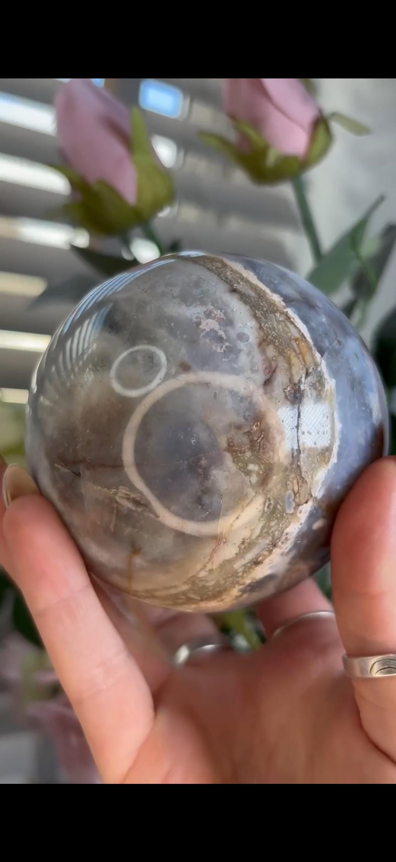 Pastel ocean jasper sphere in blue, pink & grey tones with some rough