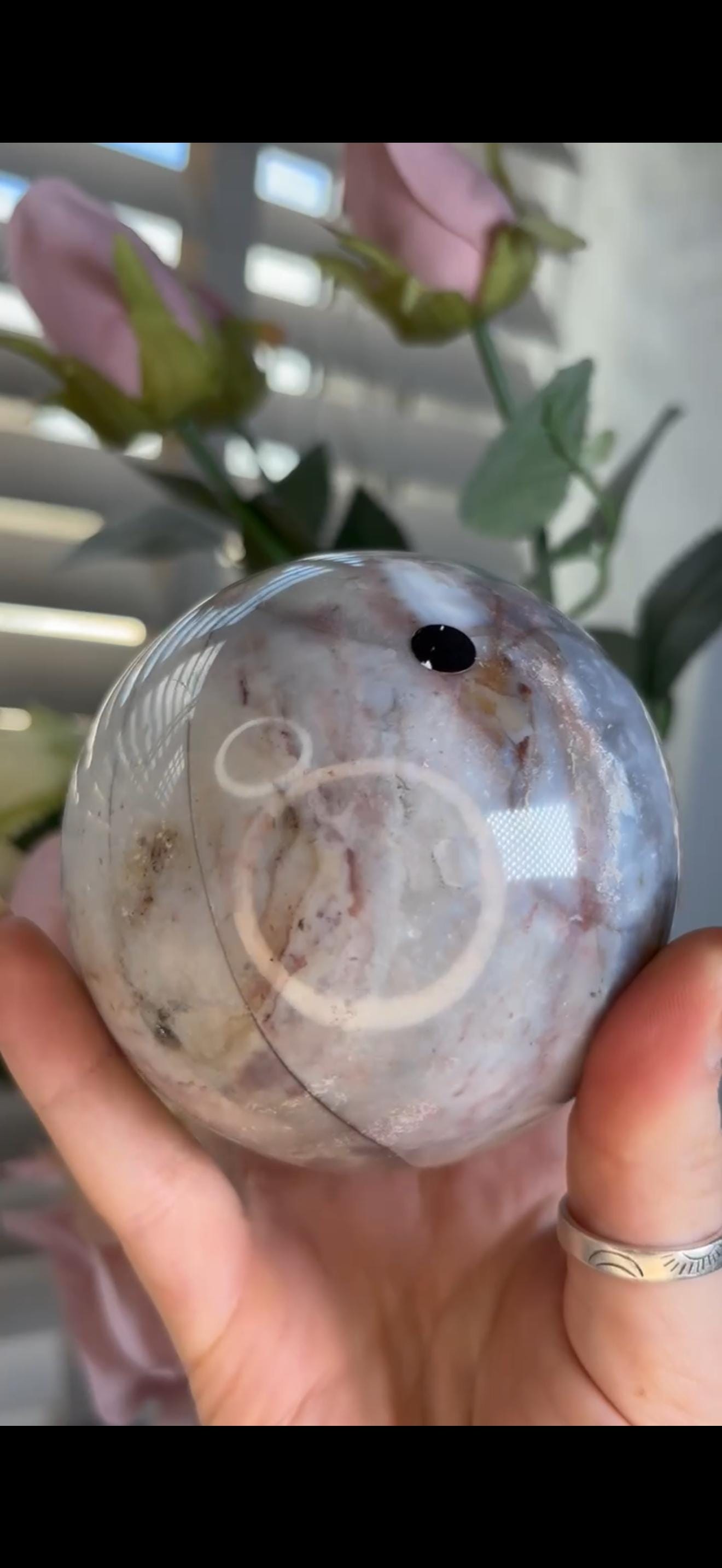 Pastel ocean jasper sphere in blue, pink & grey tones with some rough