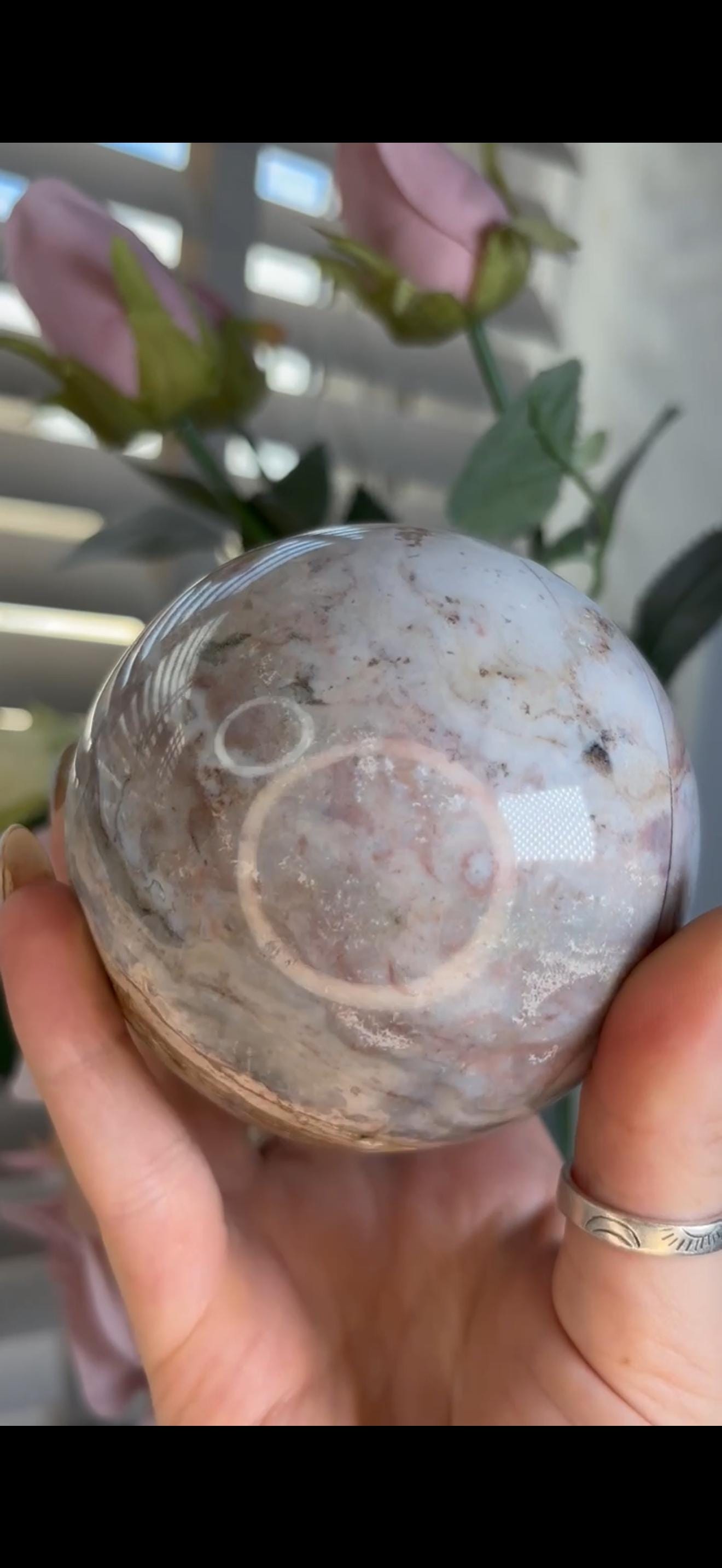 Pastel ocean jasper sphere in blue, pink & grey tones with some rough