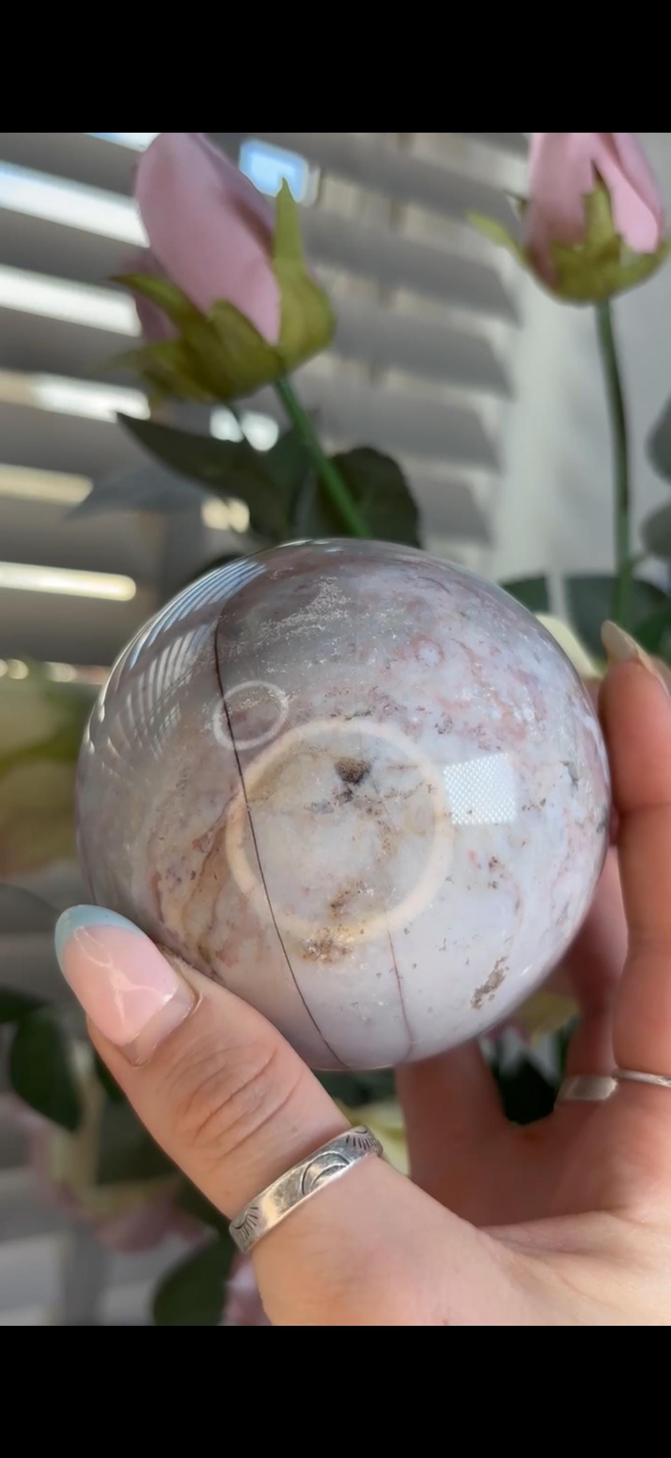 Pastel ocean jasper sphere in blue, pink & grey tones with some rough