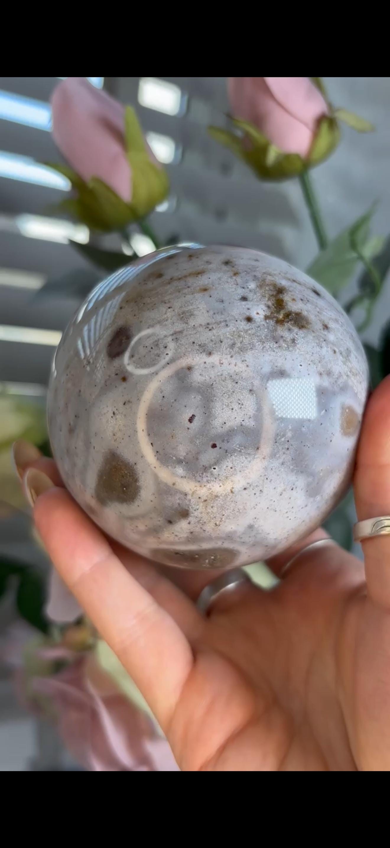 Pastel ocean jasper sphere in baby blue & grey tones with some druzy