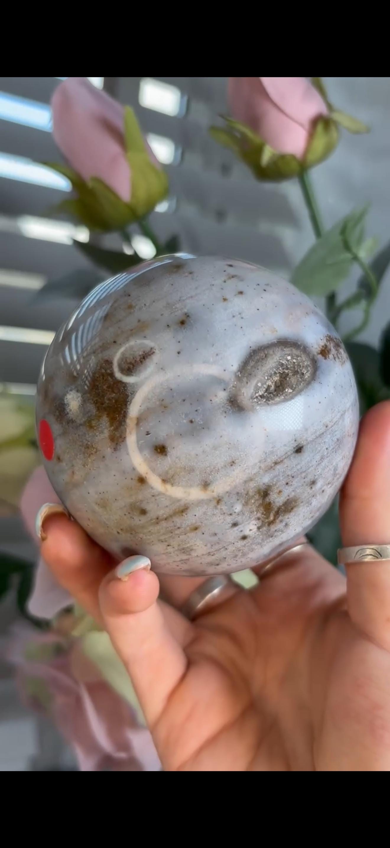 Pastel ocean jasper sphere in baby blue & grey tones with some druzy