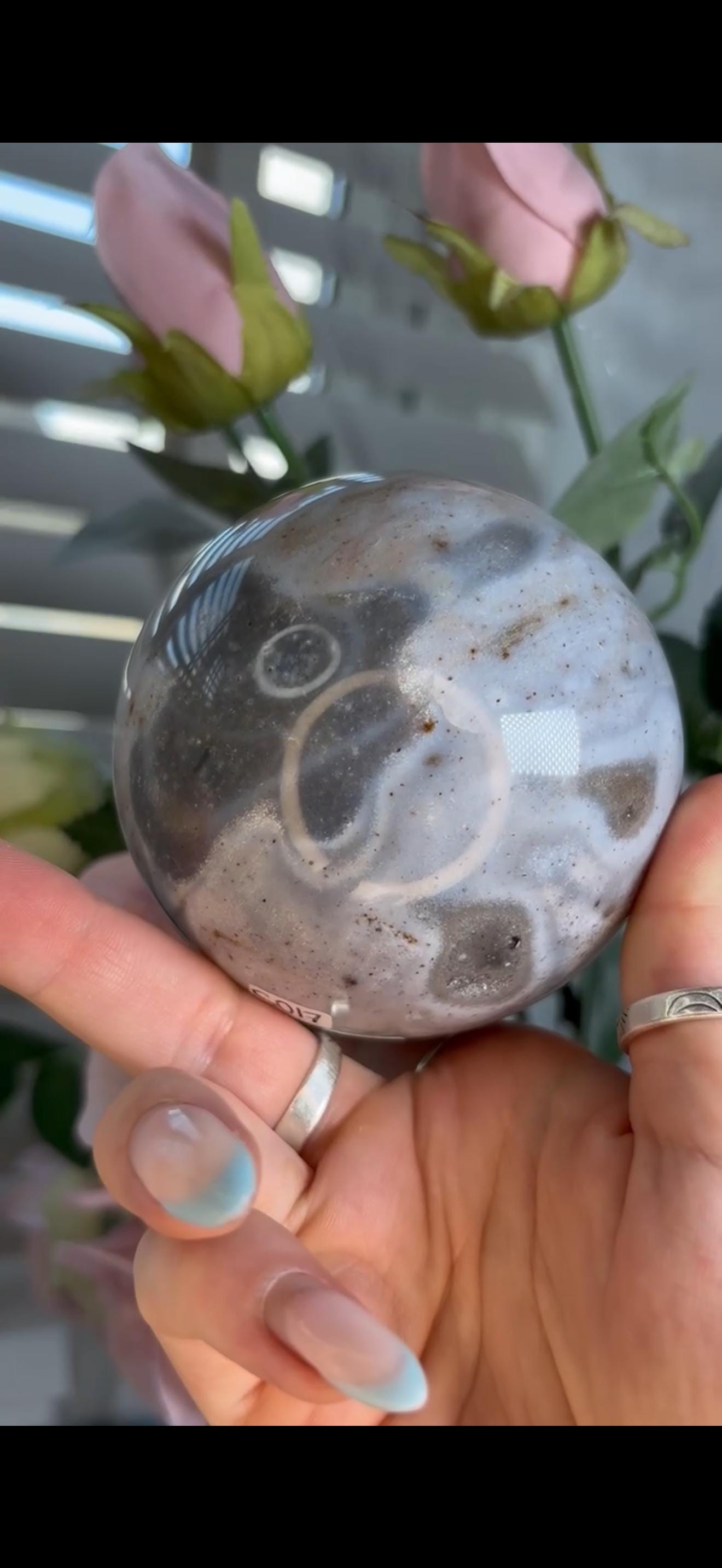 Pastel ocean jasper sphere in baby blue & grey tones with some druzy
