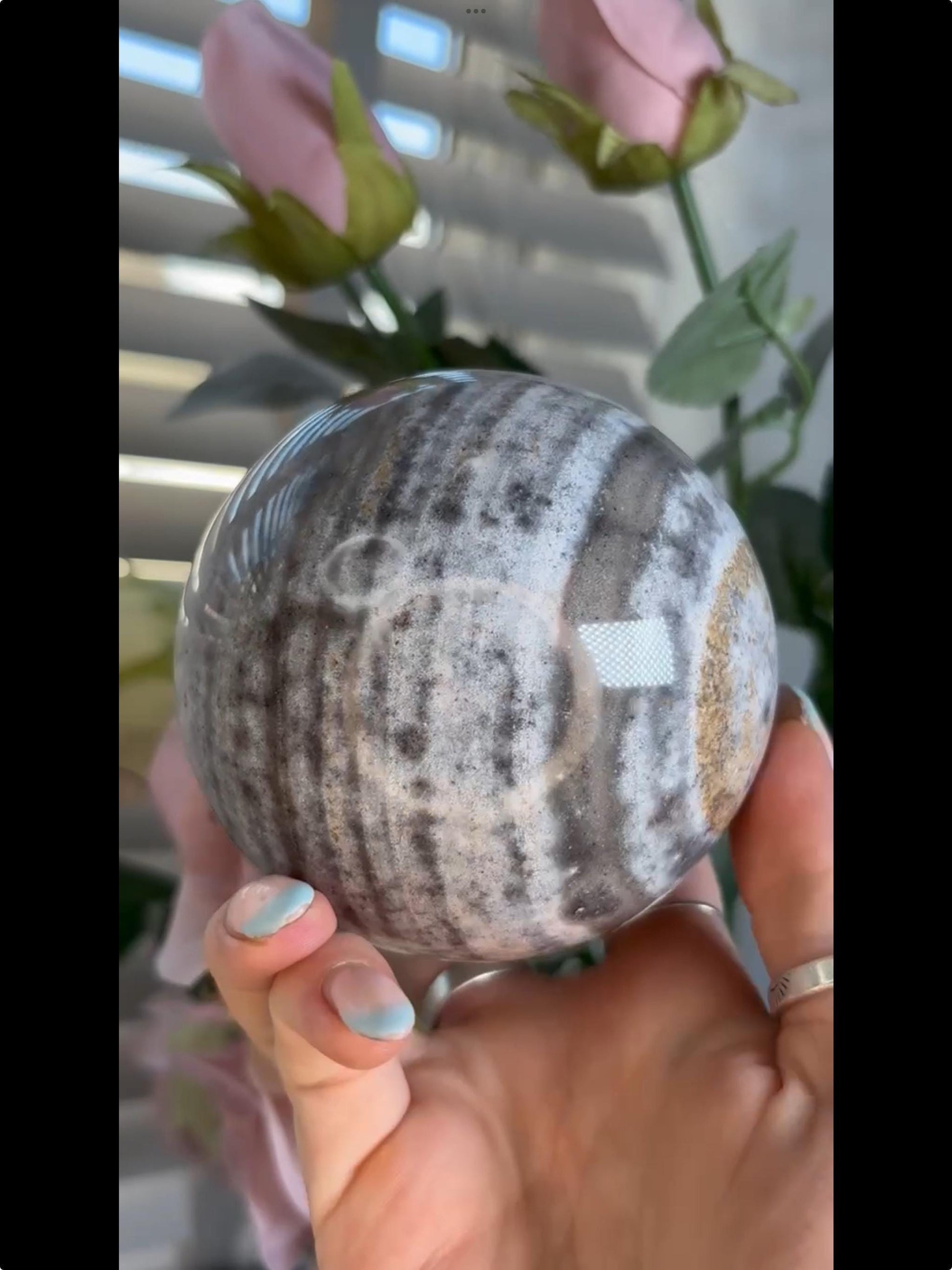 Pastel ocean jasper sphere in blue & grey tones with banding